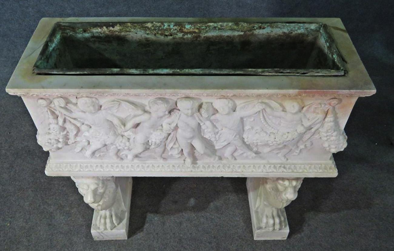 Rare Carved Italian Marble Figural Putti and Lions Marble Planter with Insert 2