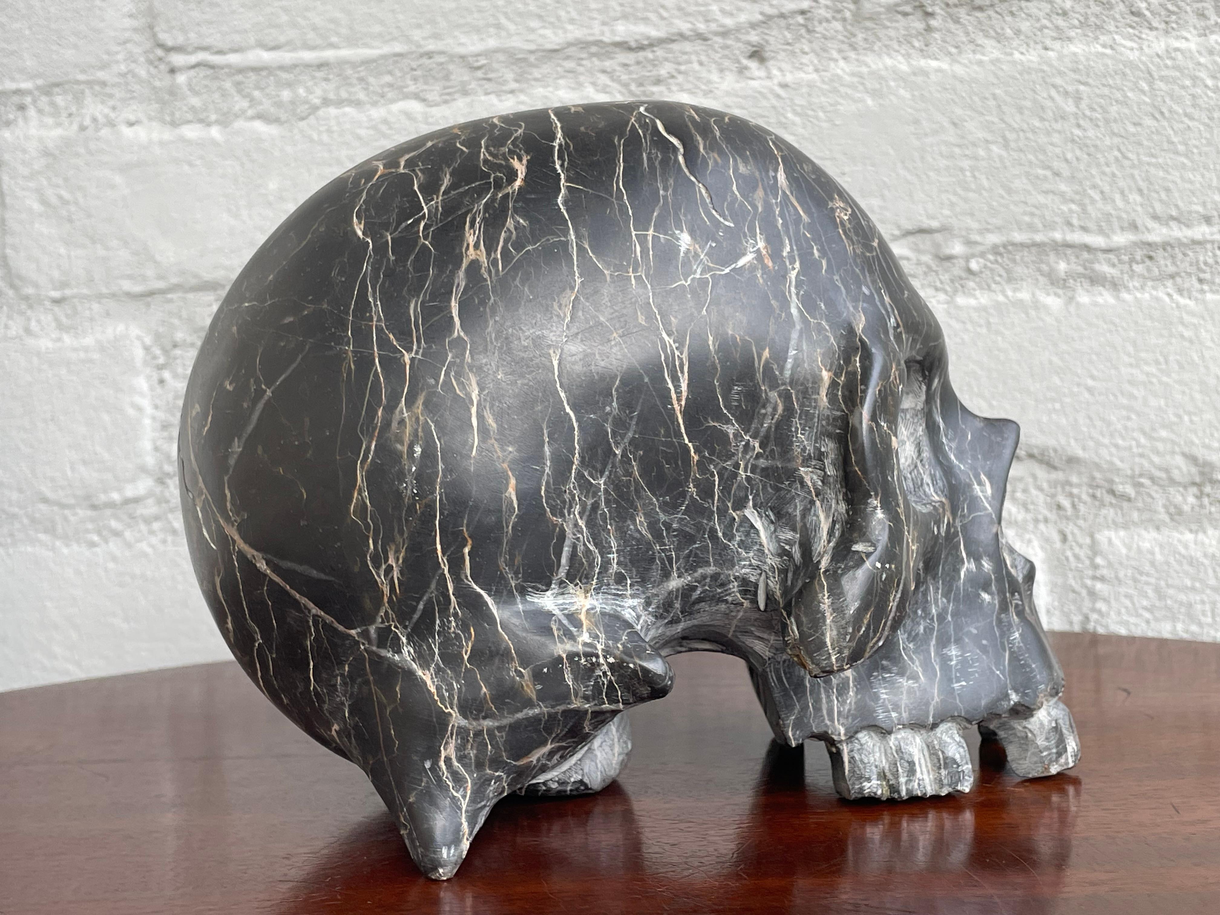 Rare Carved & Polished Black Marble and Veins Small Human Skull / Desk Sculpture 4