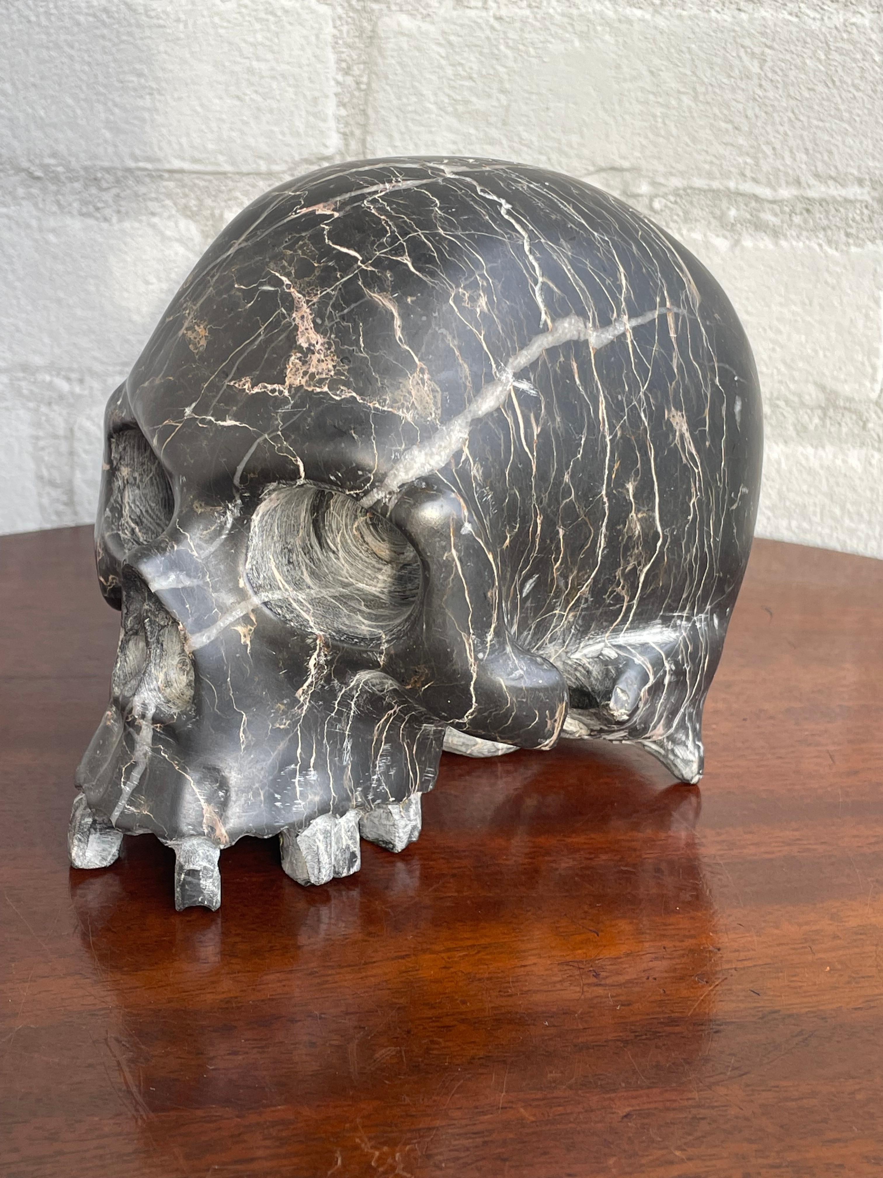 Rare Carved & Polished Black Marble and Veins Small Human Skull / Desk Sculpture 5