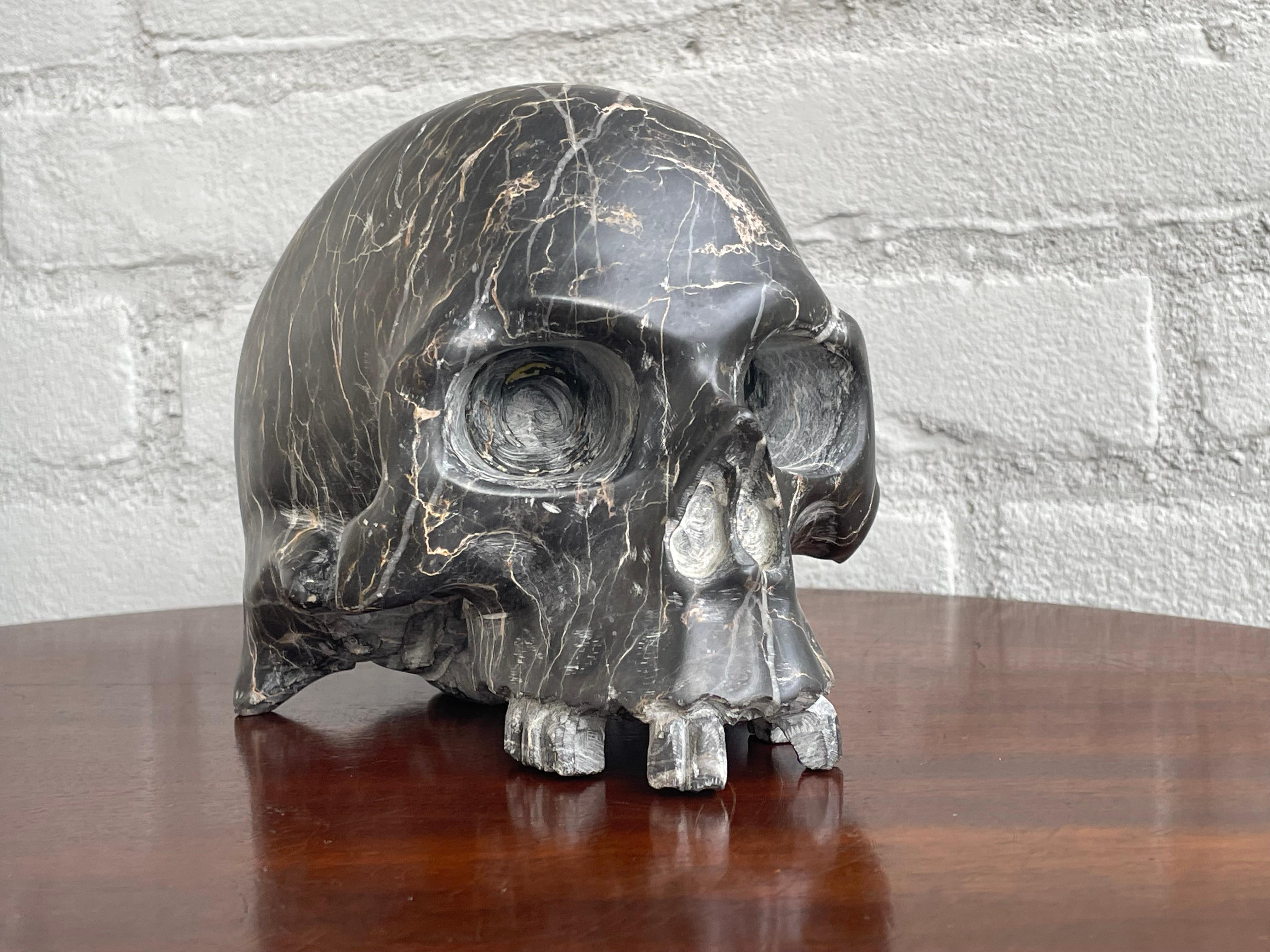 Rare Carved & Polished Black Marble and Veins Small Human Skull / Desk Sculpture 6