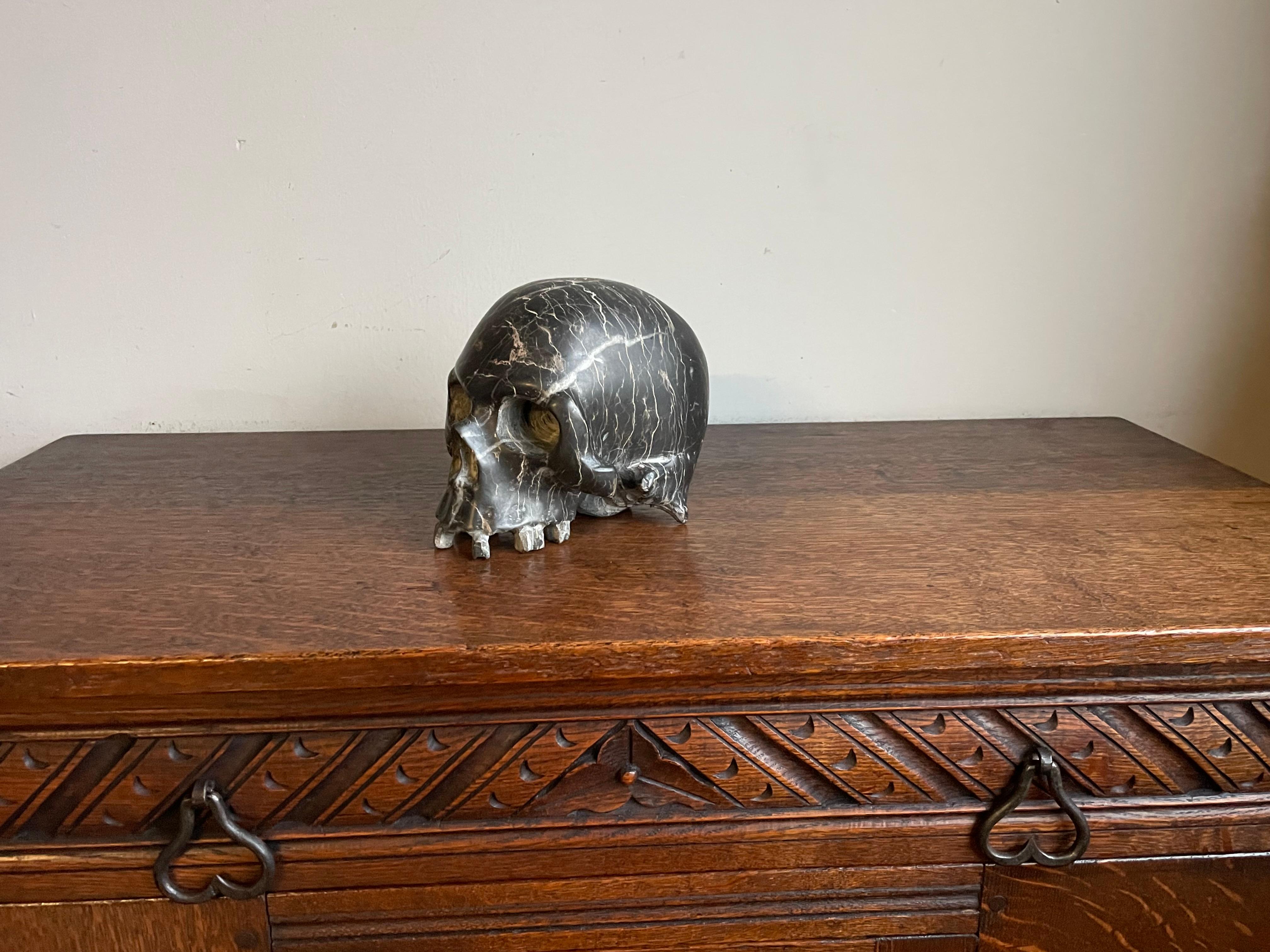 Rare Carved & Polished Black Marble and Veins Small Human Skull / Desk Sculpture 7