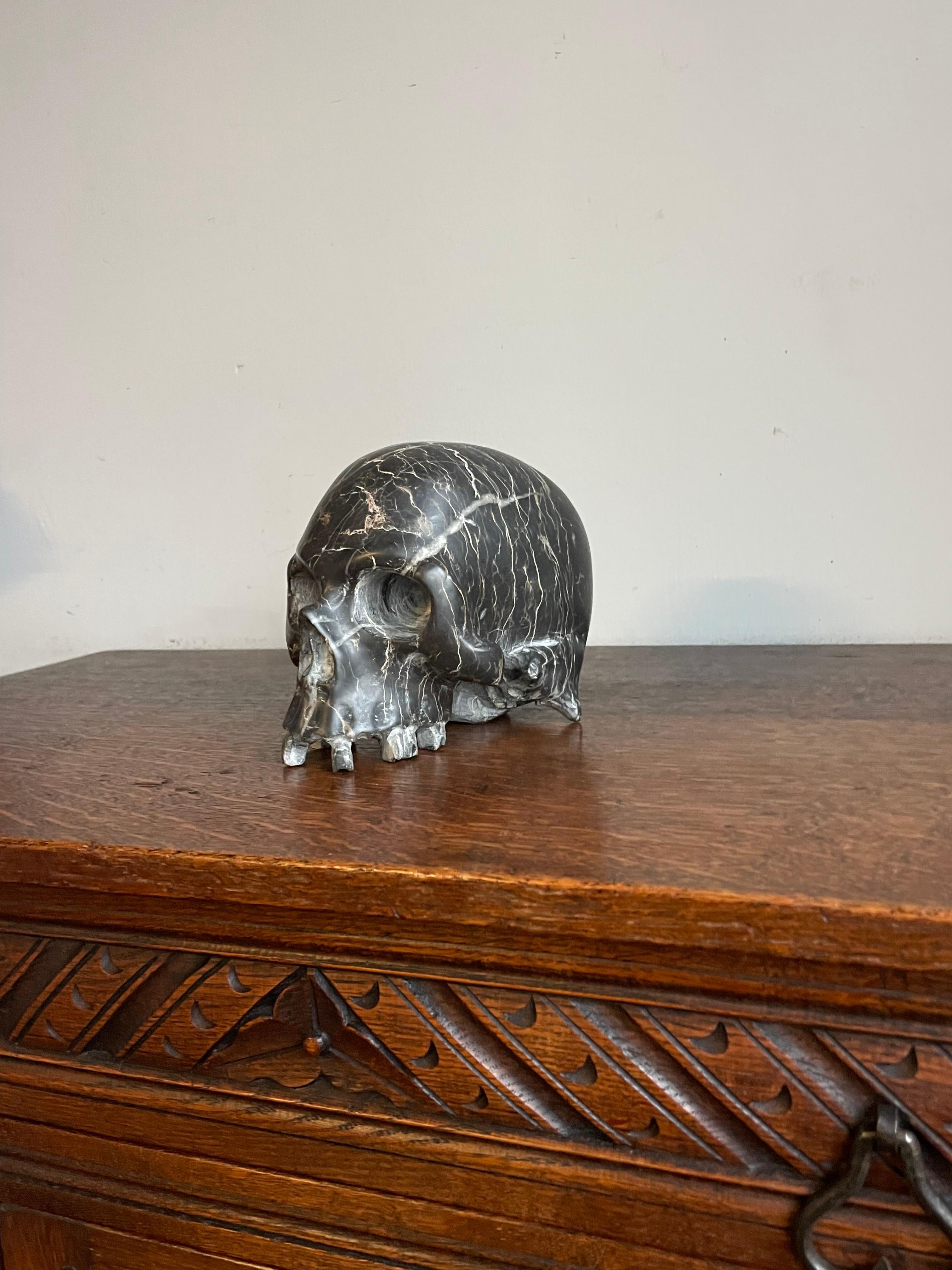 Rare Carved & Polished Black Marble and Veins Small Human Skull / Desk Sculpture 8