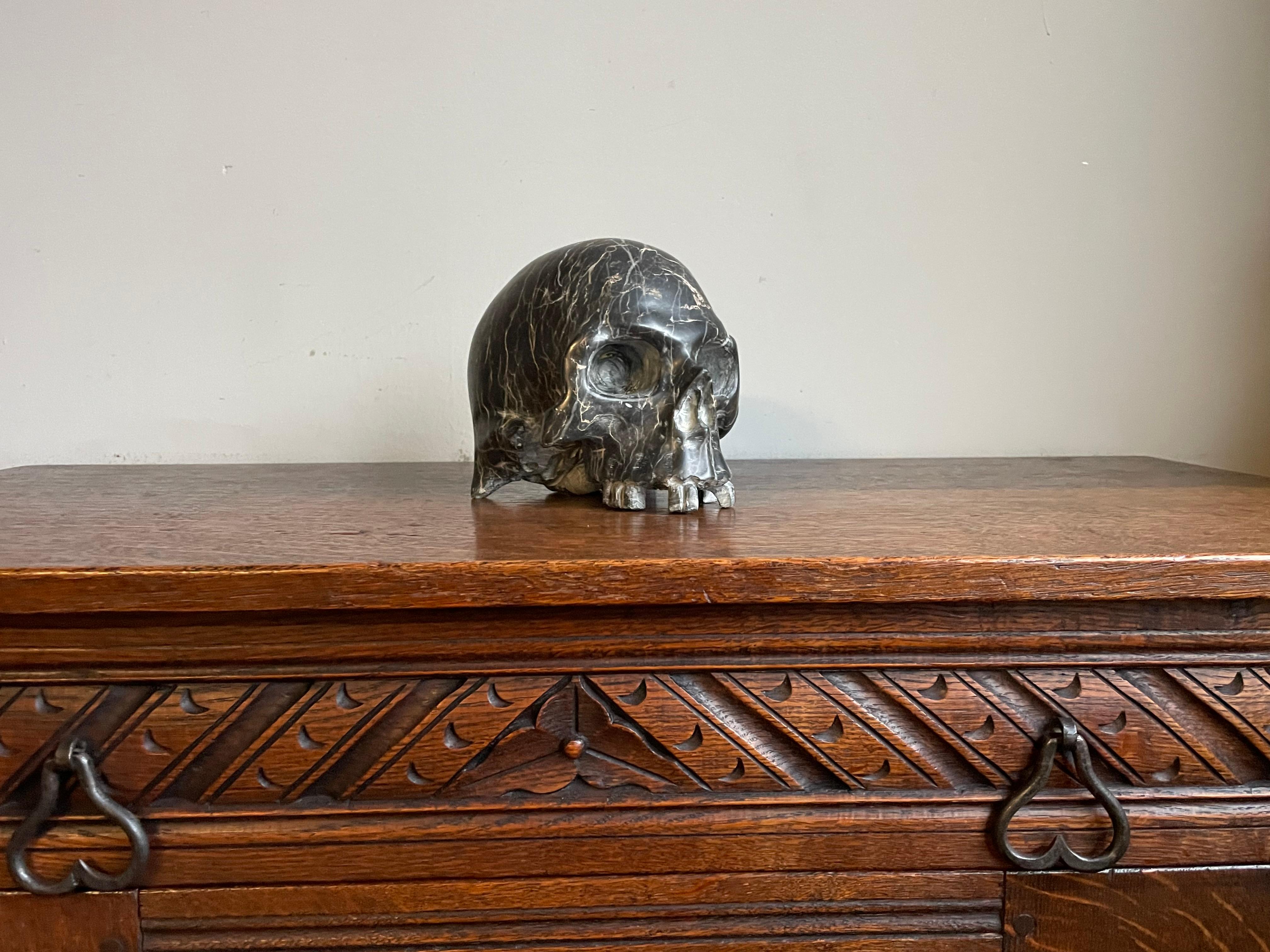 Rare Carved & Polished Black Marble and Veins Small Human Skull / Desk Sculpture 9