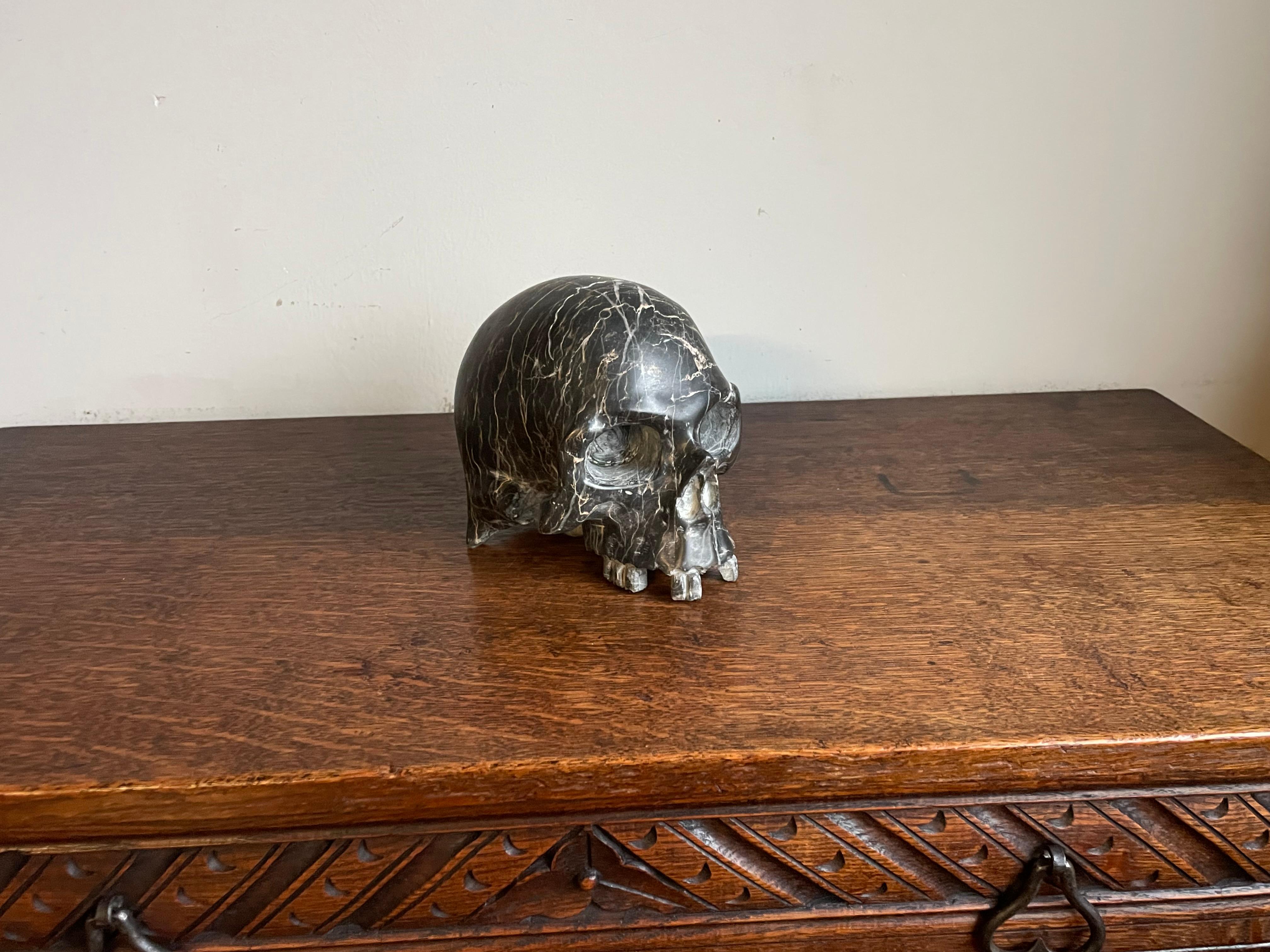 Rare Carved & Polished Black Marble and Veins Small Human Skull / Desk Sculpture 10