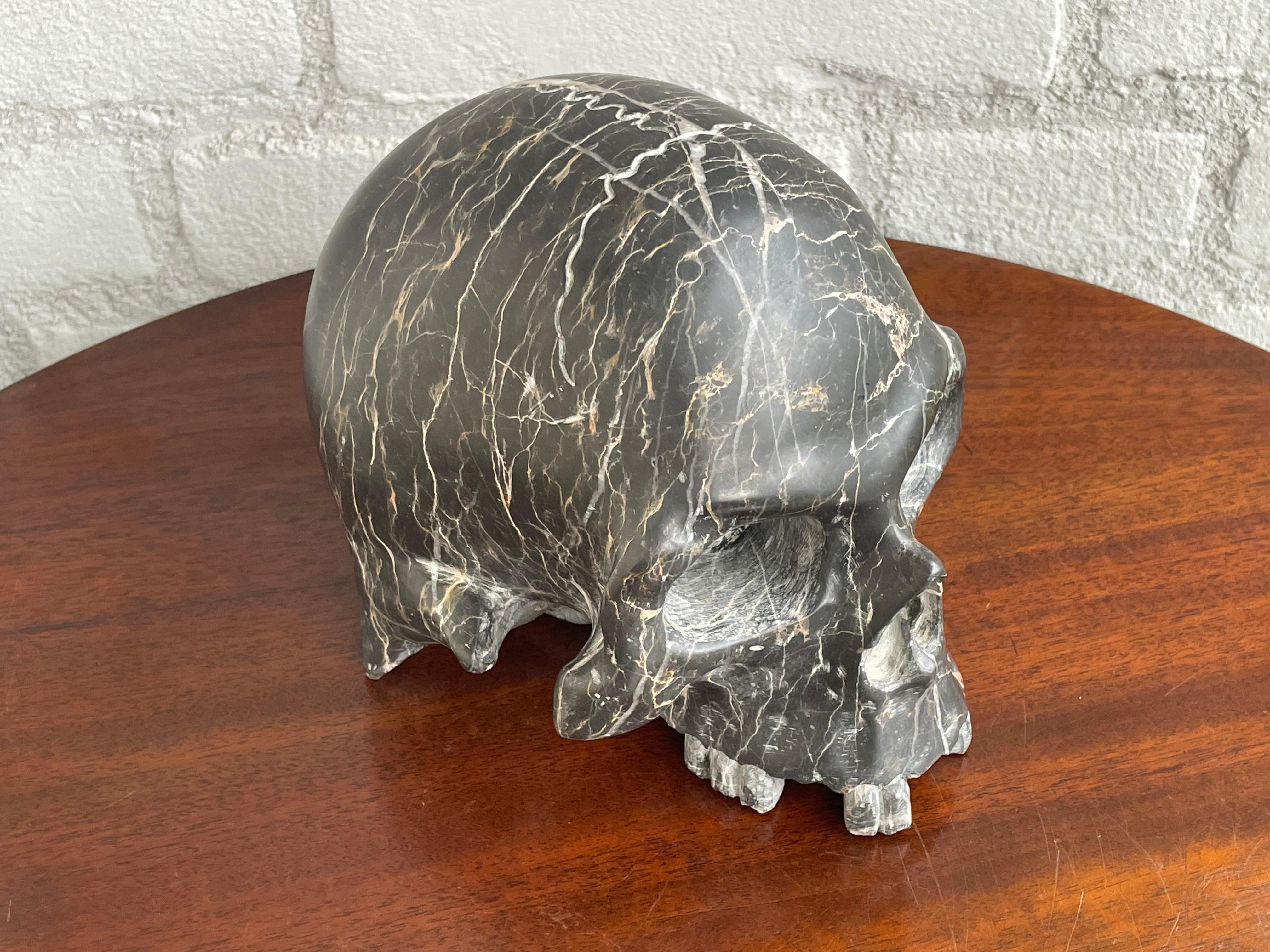 Rare Carved & Polished Black Marble and Veins Small Human Skull / Desk Sculpture 11