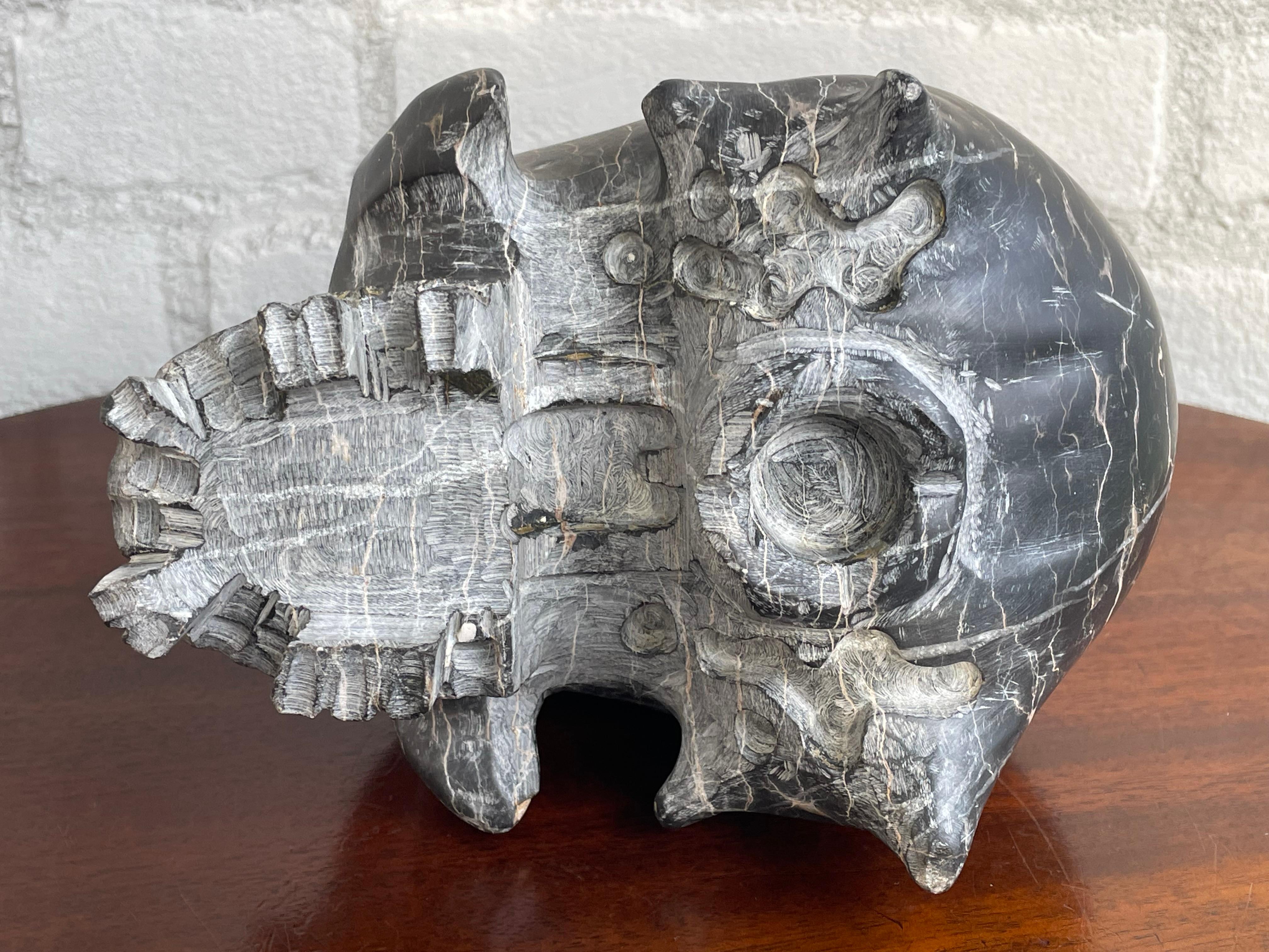 Rare Carved & Polished Black Marble and Veins Small Human Skull / Desk Sculpture 12