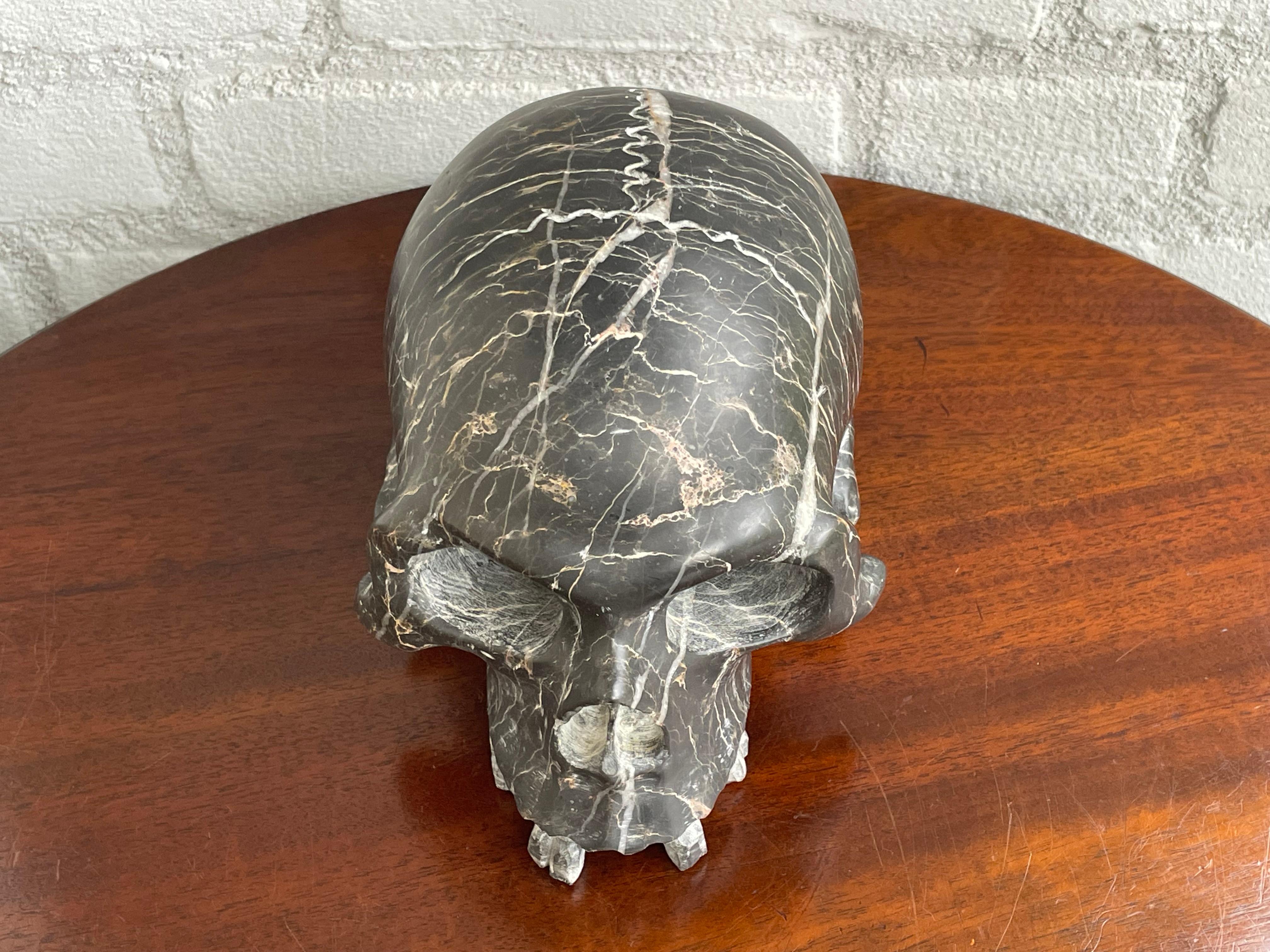 Rare Carved & Polished Black Marble and Veins Small Human Skull / Desk Sculpture 13