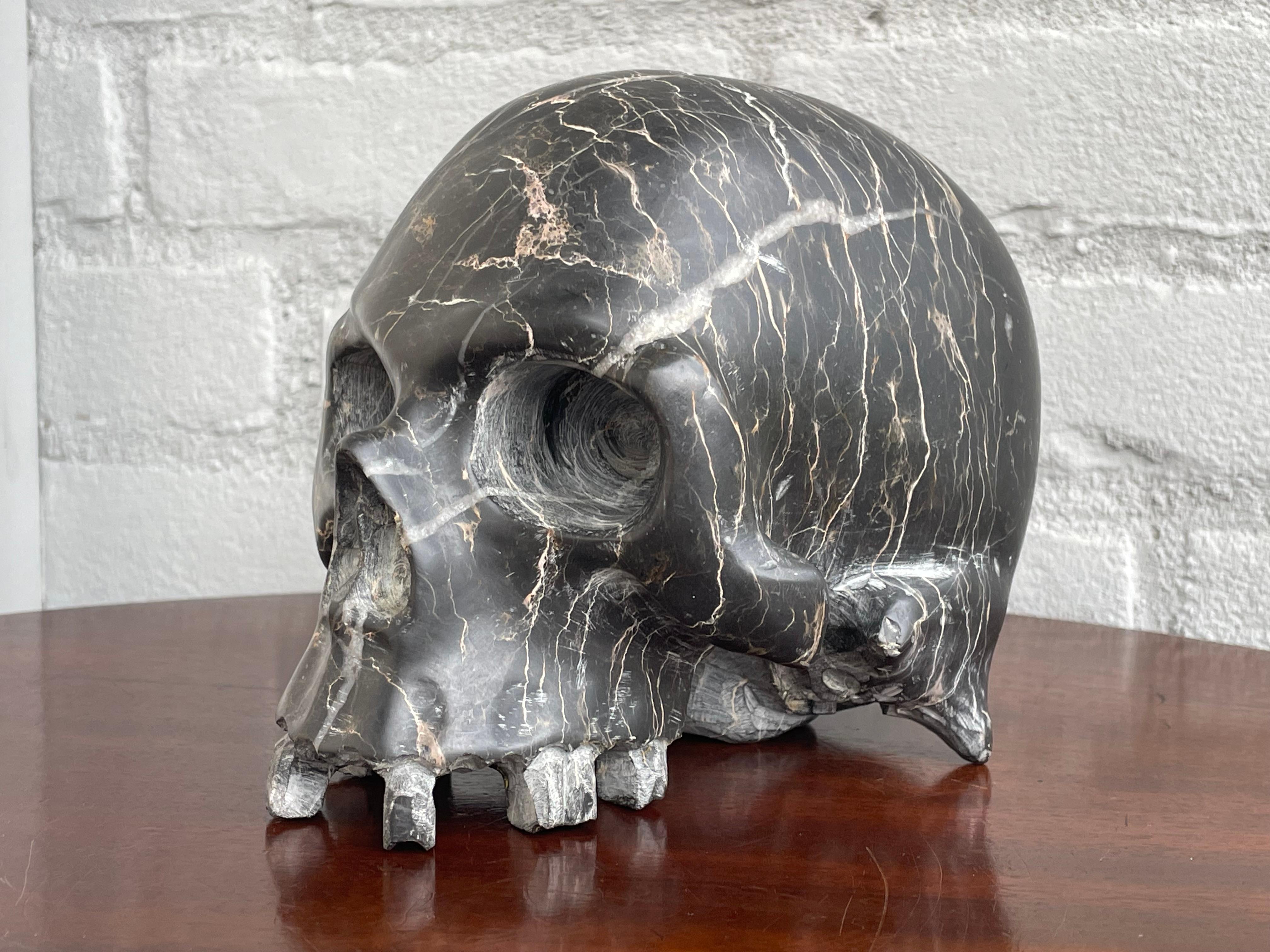 Rare Carved & Polished Black Marble and Veins Small Human Skull / Desk Sculpture 14