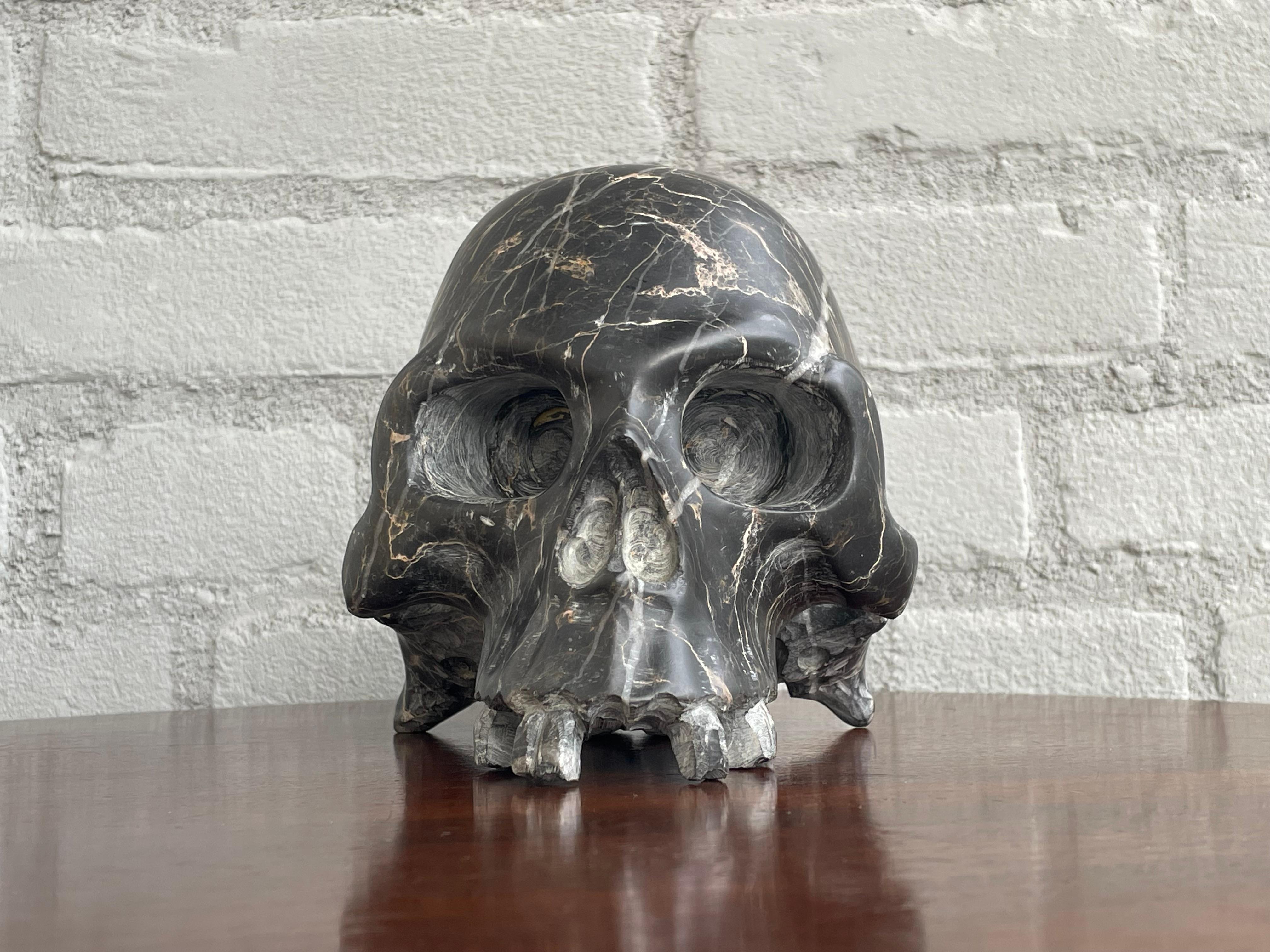 Modern Rare Carved & Polished Black Marble and Veins Small Human Skull / Desk Sculpture