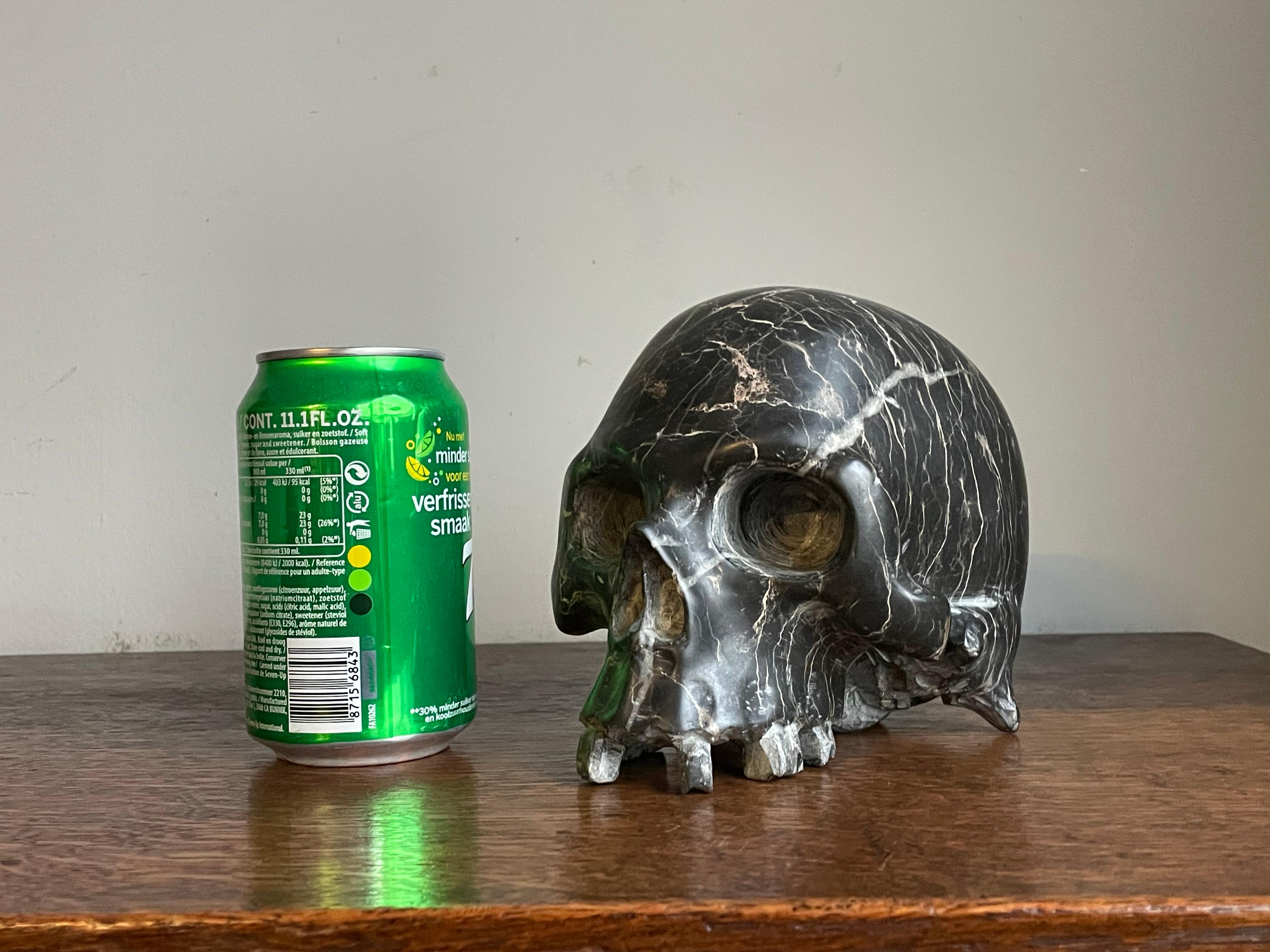 Chinese Rare Carved & Polished Black Marble and Veins Small Human Skull / Desk Sculpture