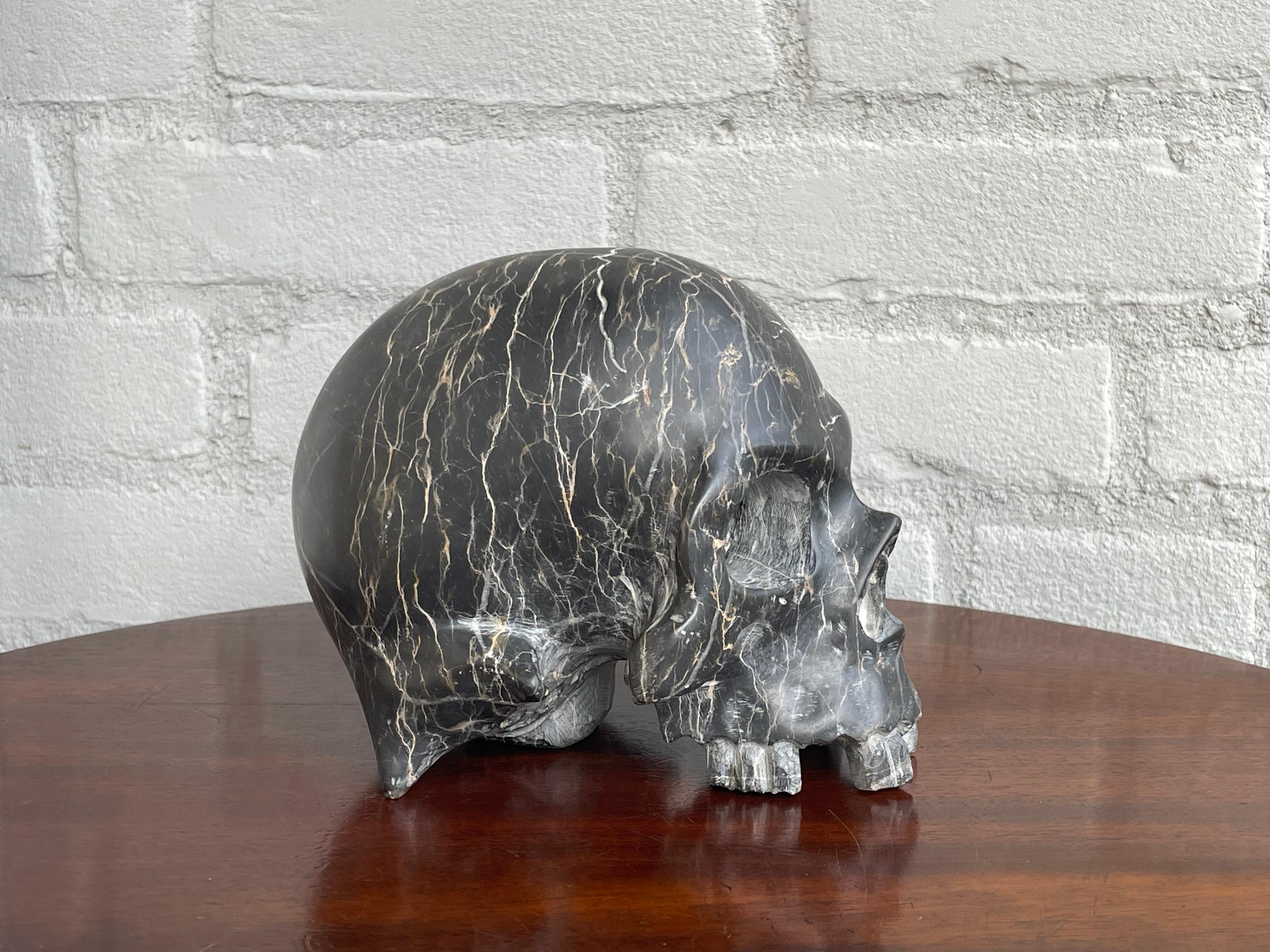 20th Century Rare Carved & Polished Black Marble and Veins Small Human Skull / Desk Sculpture