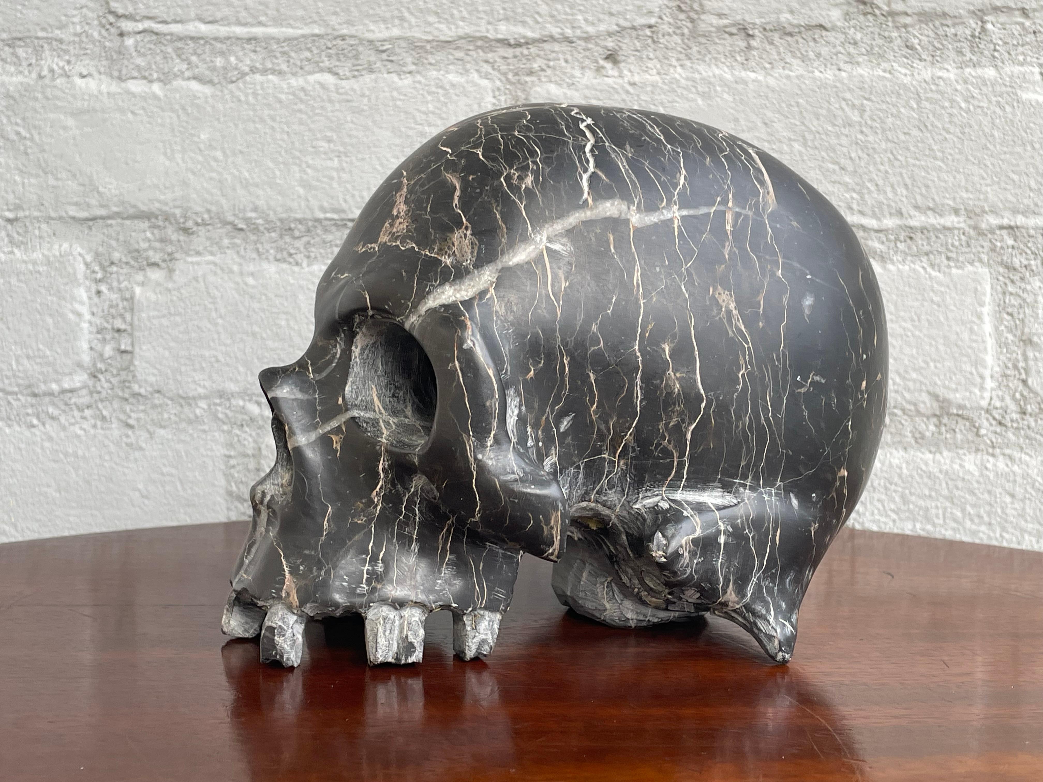 Rare Carved & Polished Black Marble and Veins Small Human Skull / Desk Sculpture 1