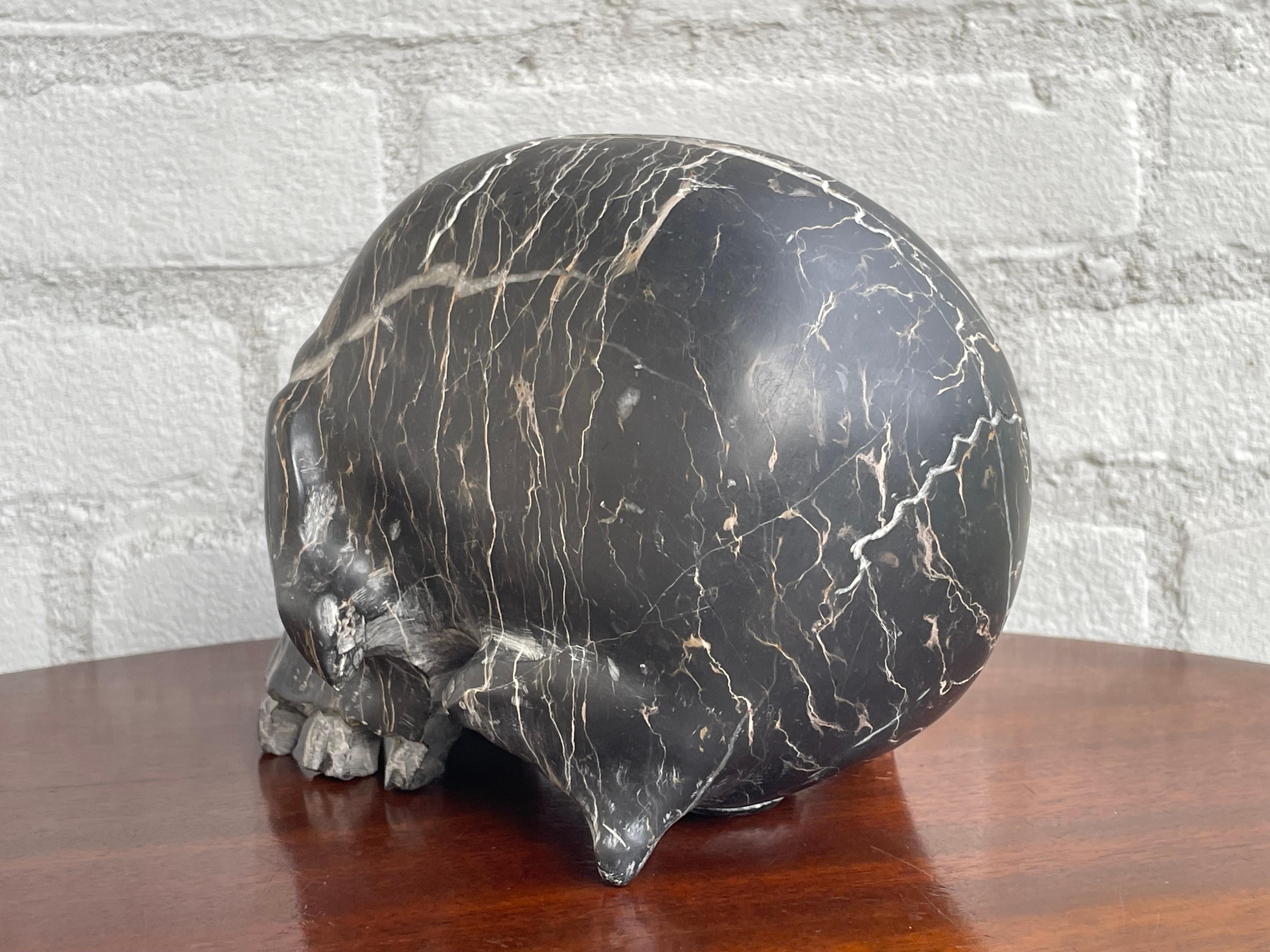 Rare Carved & Polished Black Marble and Veins Small Human Skull / Desk Sculpture 2