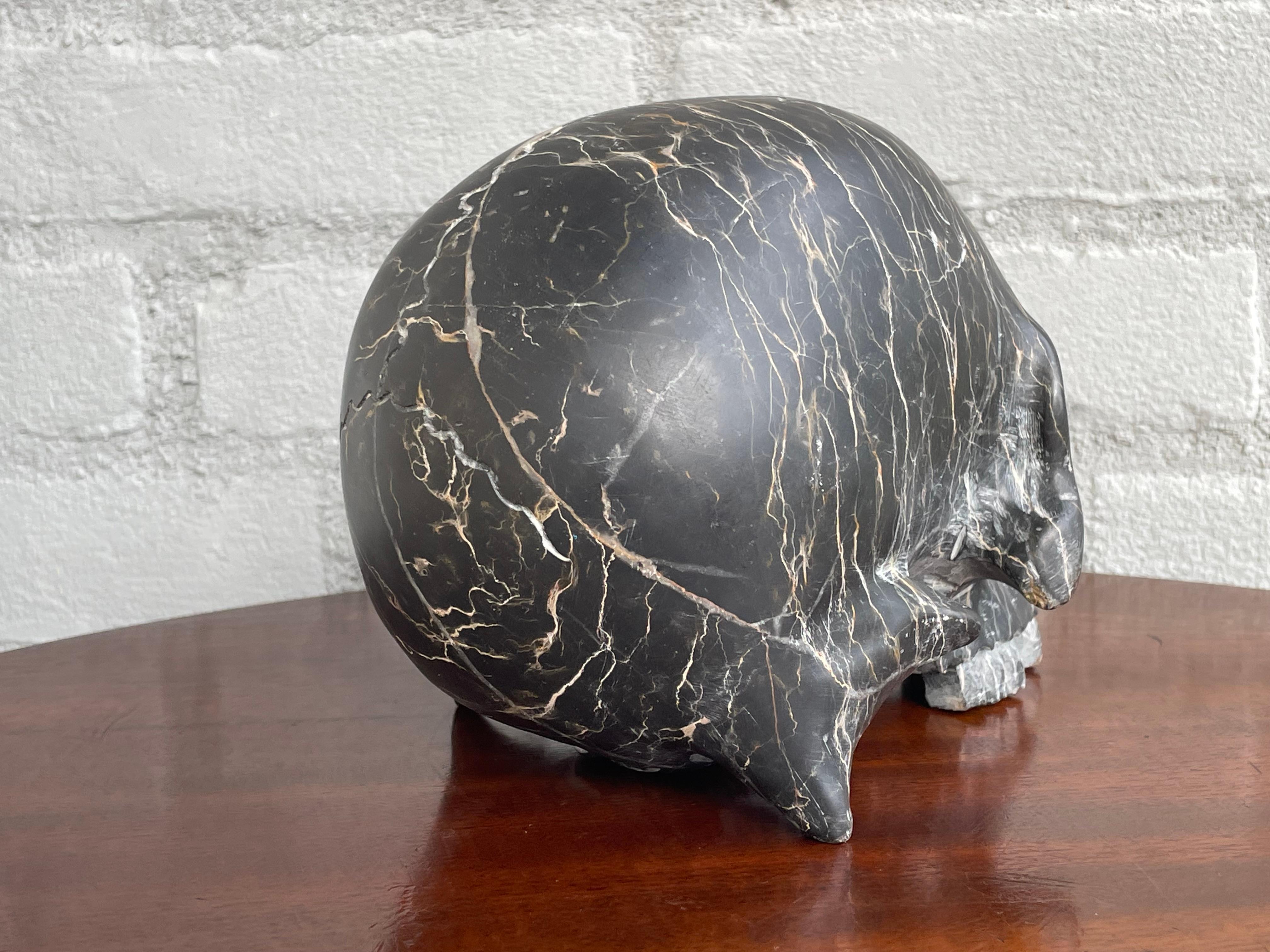 Rare Carved & Polished Black Marble and Veins Small Human Skull / Desk Sculpture 3