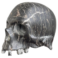 Rare Carved & Polished Black Marble and Veins Small Human Skull / Desk Sculpture
