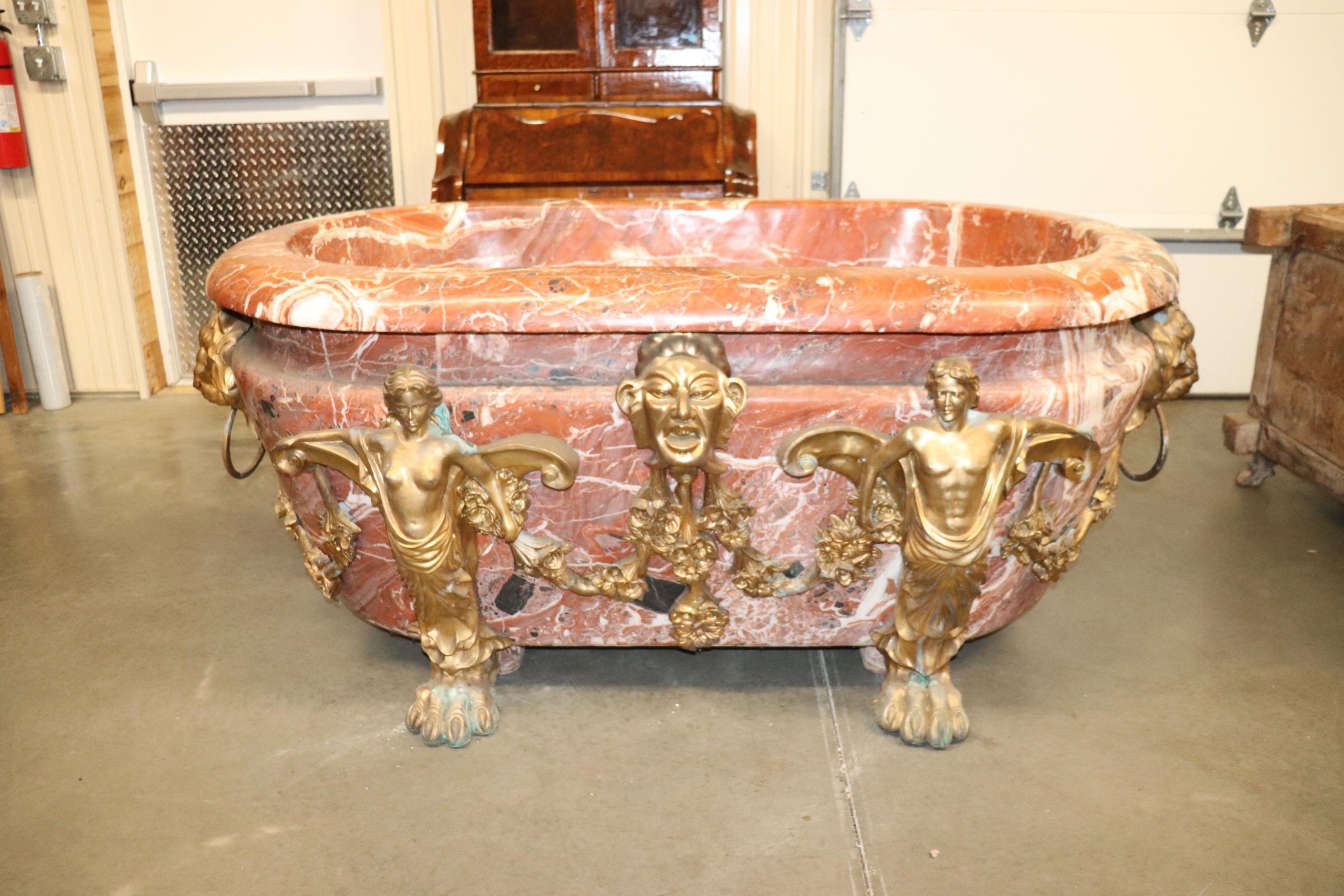 Mid-20th Century Rare Carved Solid Rouge Marble and Figural Bronze French Bathtub, circa 1930s