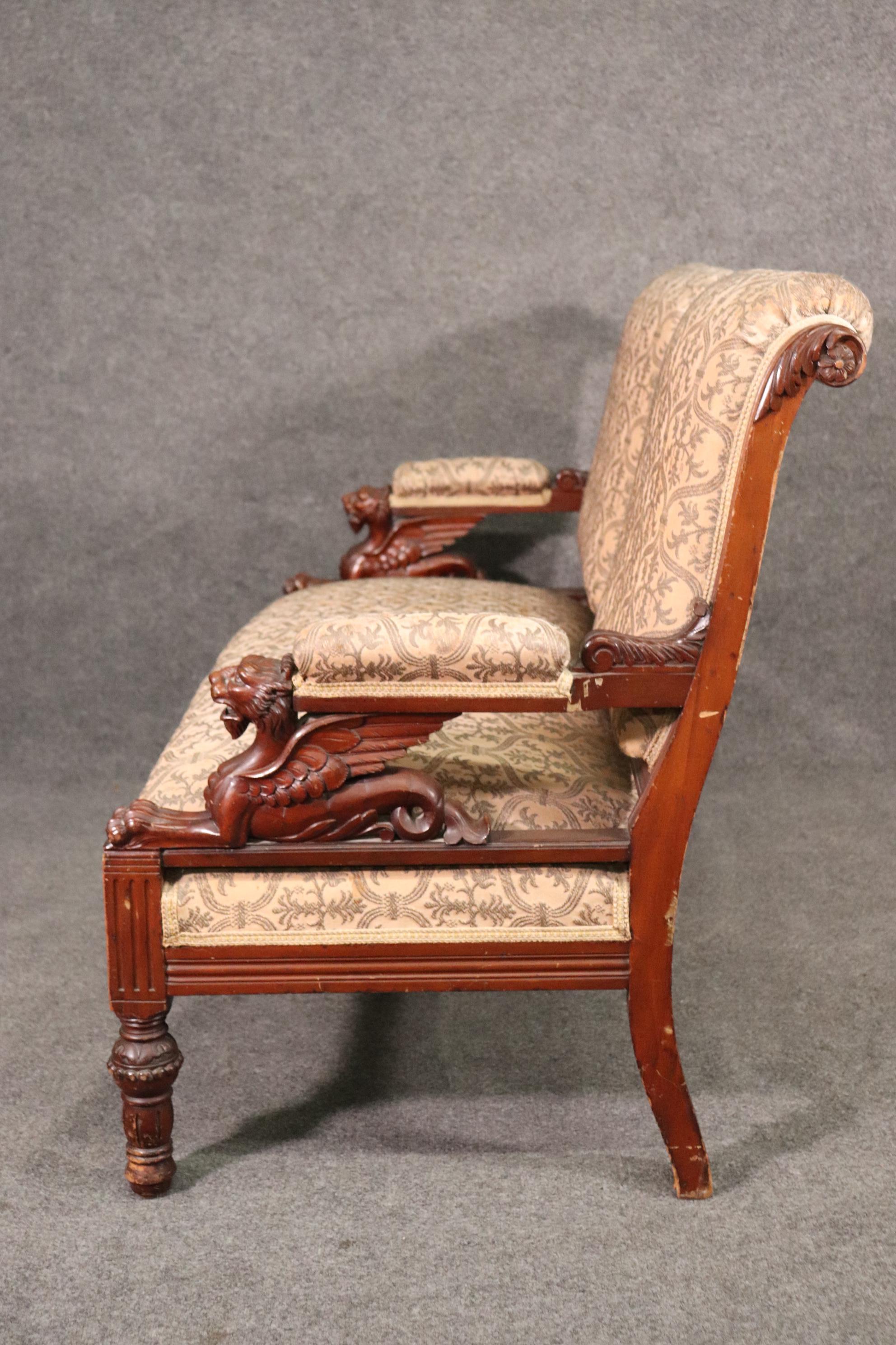 Late 19th Century Rare Carved Walnut RJ Horner Winged Griffin Sofa Settee Circa 1870