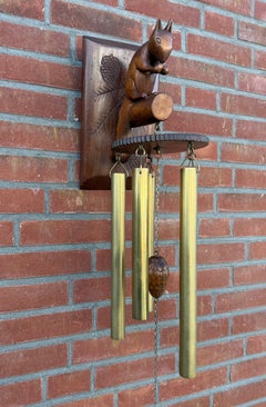 Rare Carved Wood Squirrel Bell with Brass Chimes, Rustic Cabin Lodge Decor
