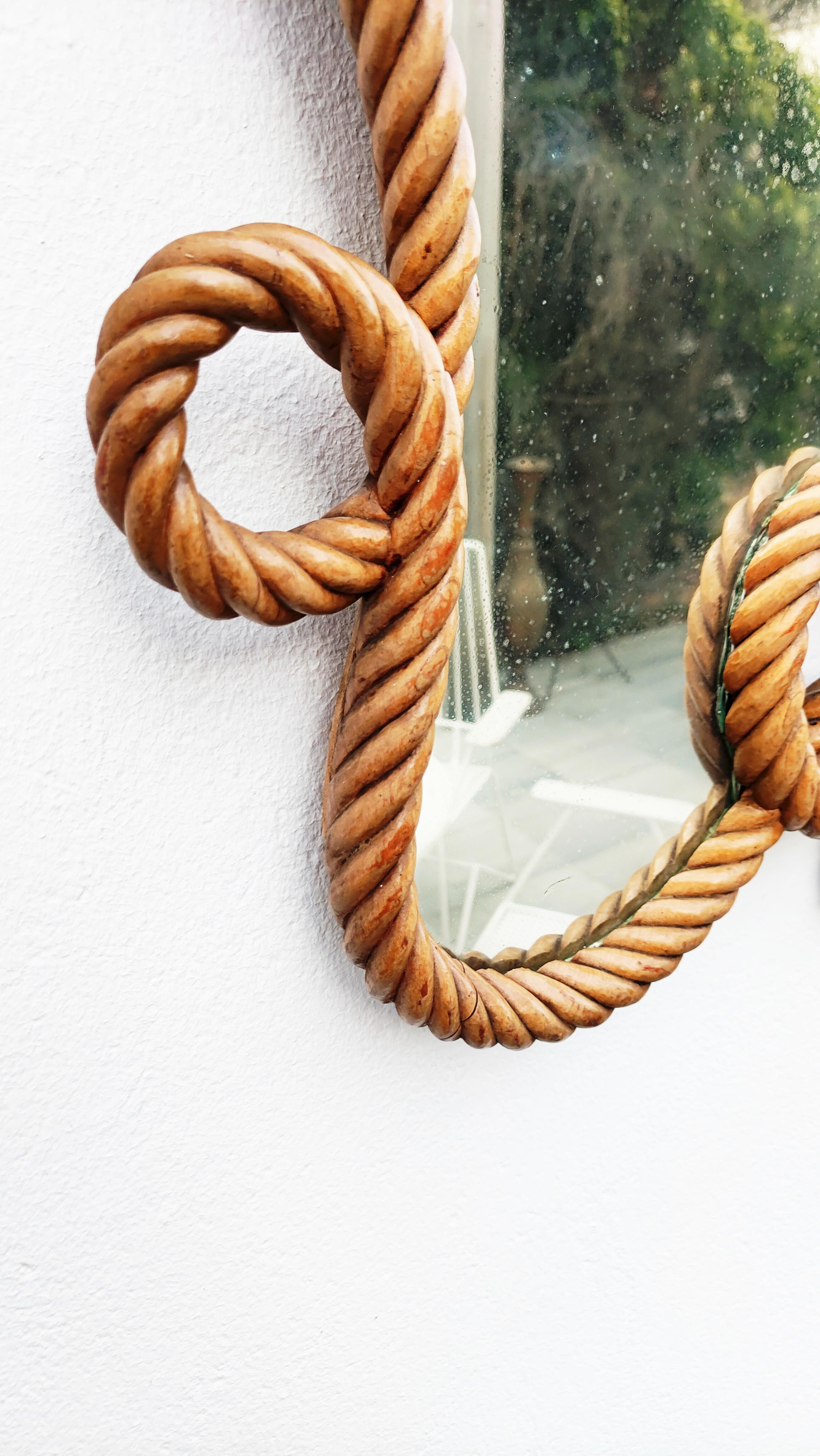Rare Carved Wooden Rope Mirror, Spain, 1940s 1