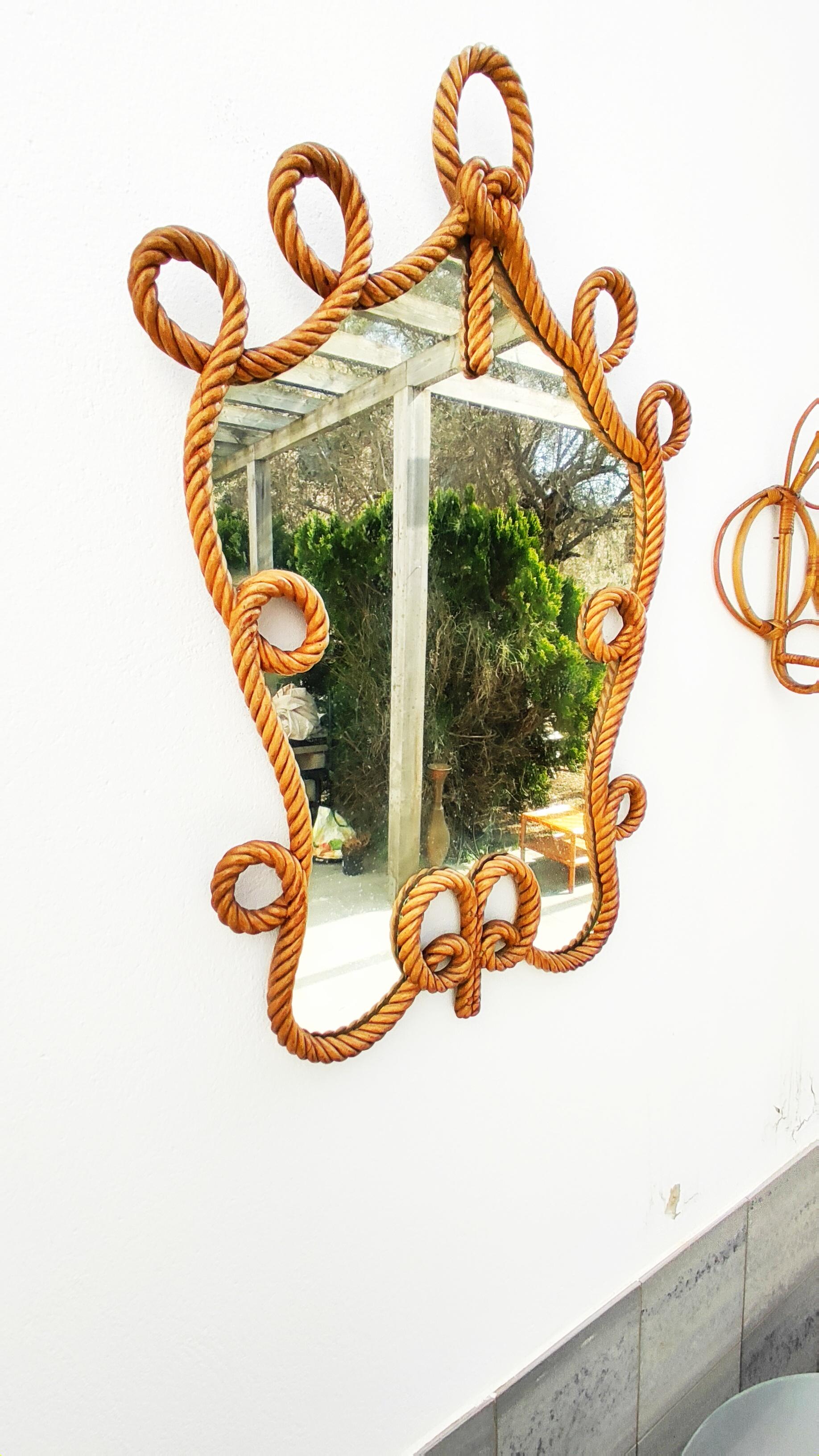Rare Carved Wooden Rope Mirror, Spain, 1940s 2