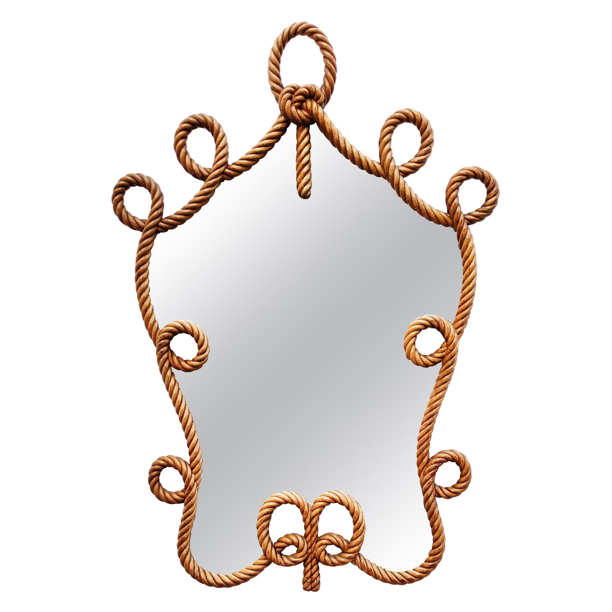 Rare Carved Wooden Rope Mirror, Spain, 1940s