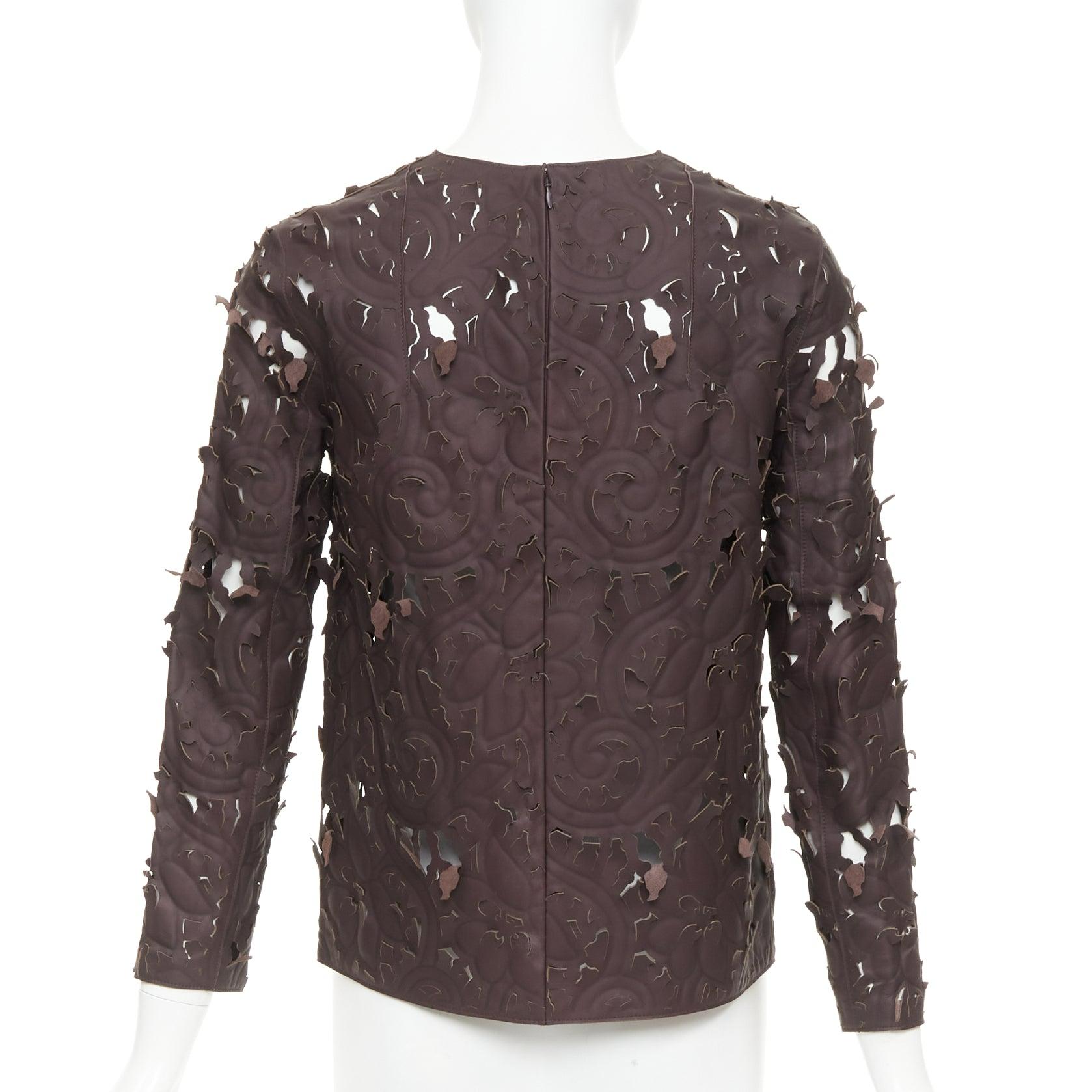 rare Carven Cassis top floral en cuir d'agneau marron découpé au laser FR36 Pour femmes en vente