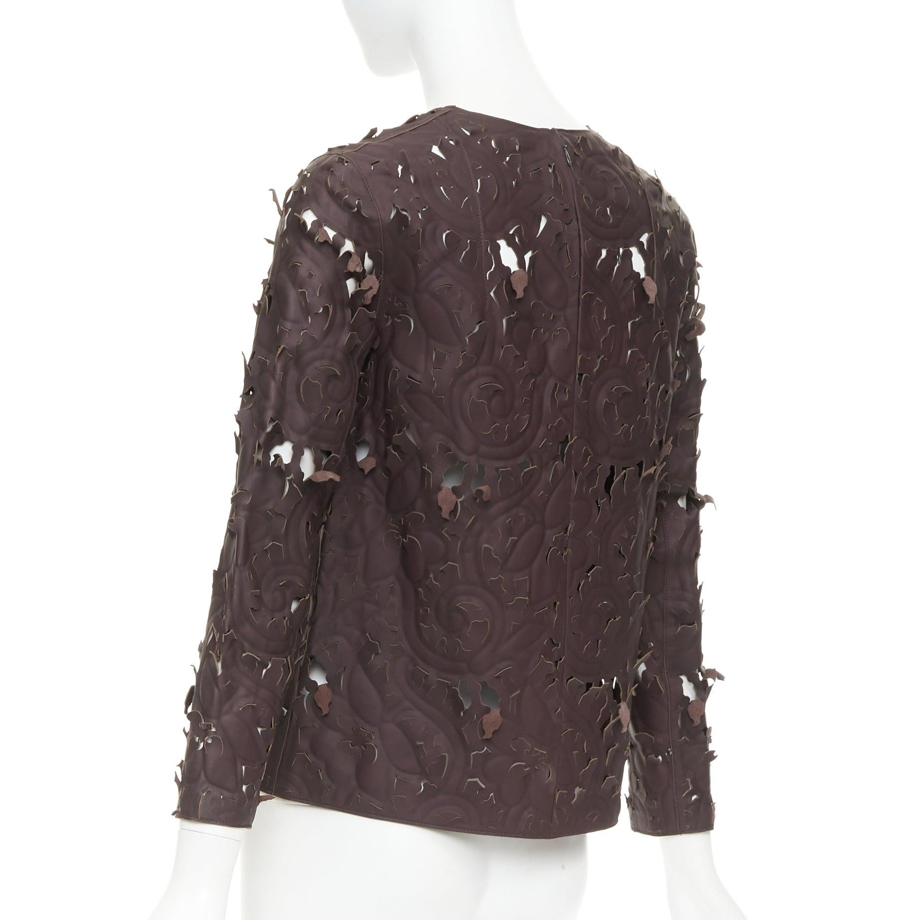 rare Carven Cassis top floral en cuir d'agneau marron découpé au laser FR36 en vente 1