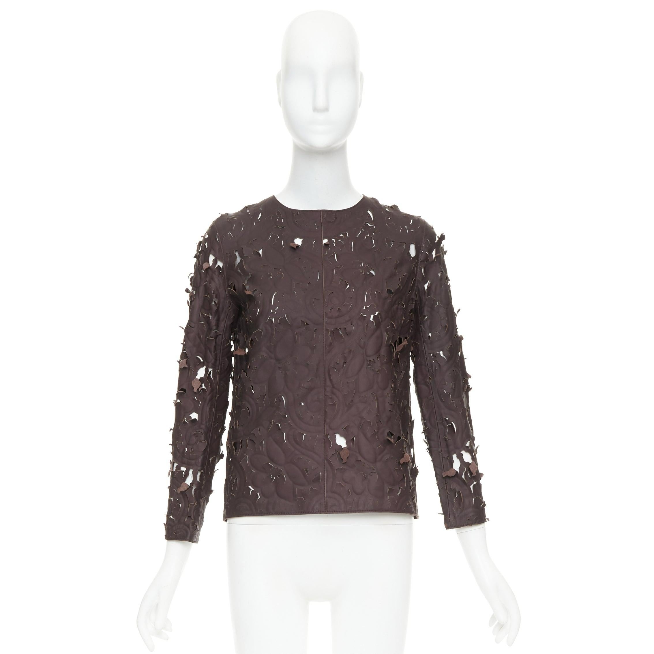 rare Carven Cassis top floral en cuir d'agneau marron découpé au laser FR36 en vente 4