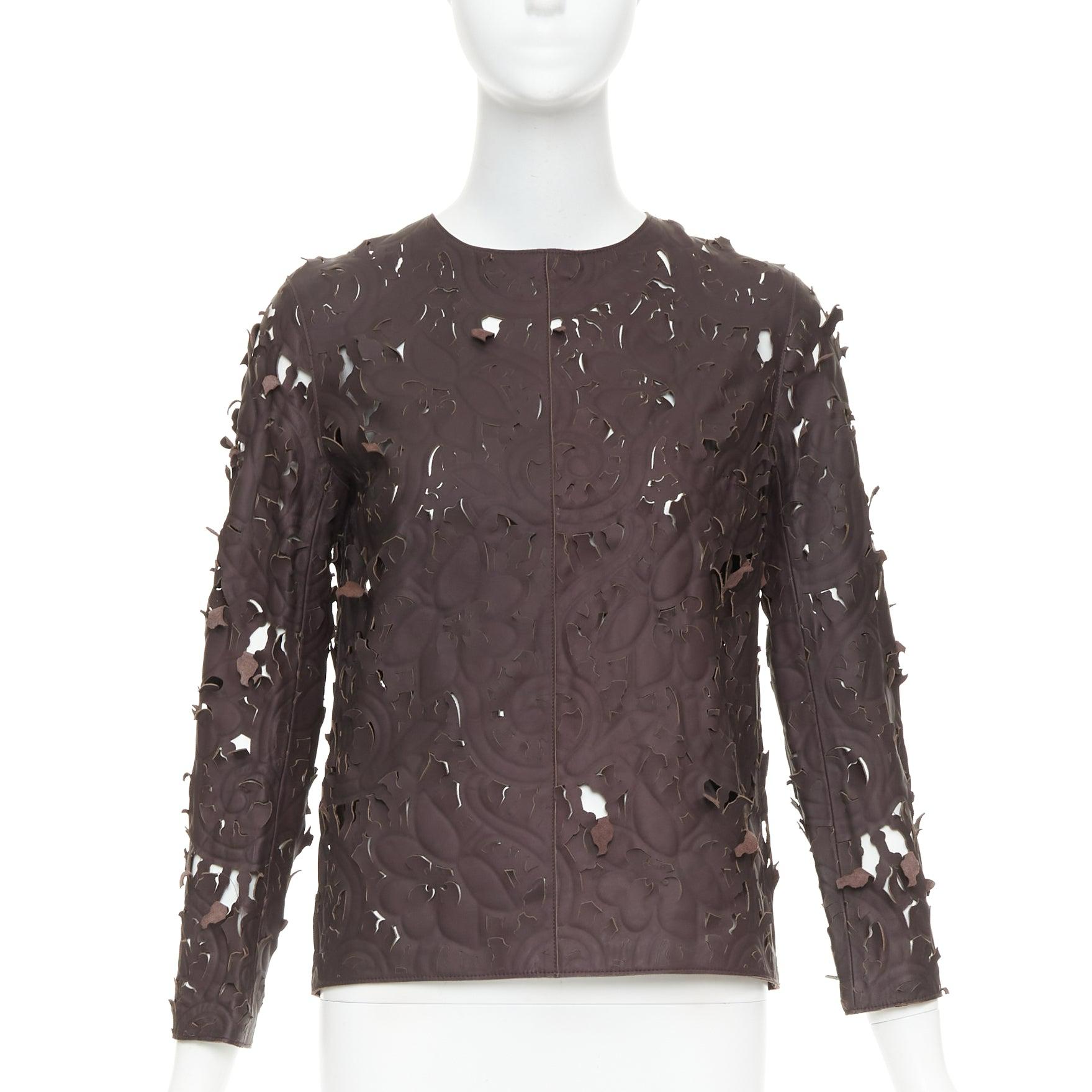 rare Carven Cassis top floral en cuir d
agneau marron découpé au laser FR36 en vente