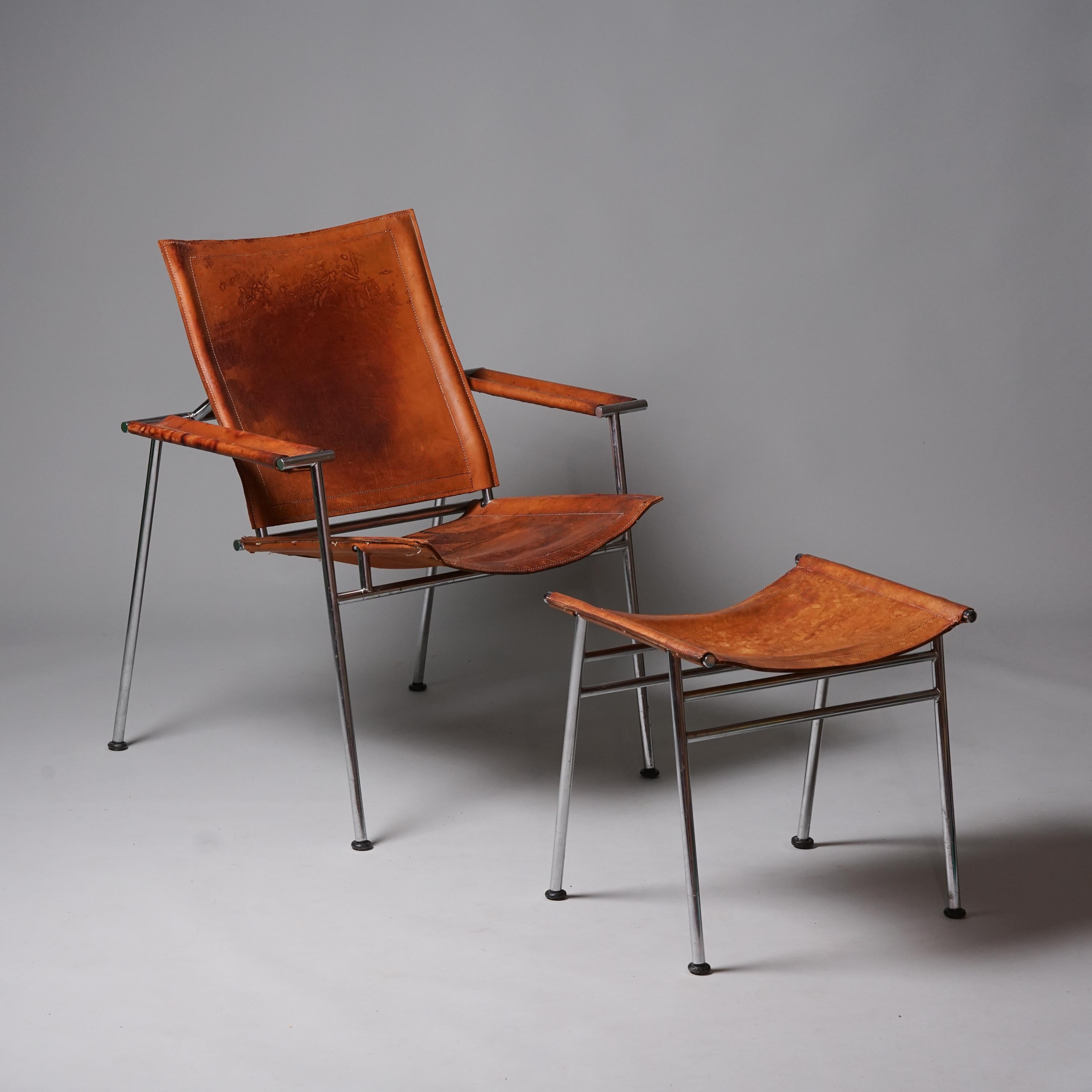Rare Casino armchair and extremely rare footstool, designed by Yrjö Kukkapuro, 1960s. Cognac leather with chromed metal frame. Good vintage condition, patina consistent with age and use. The armchair and footstool are sold as a set.