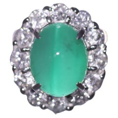 Rare Cats Eye Emerald Diamond Platinum Ring