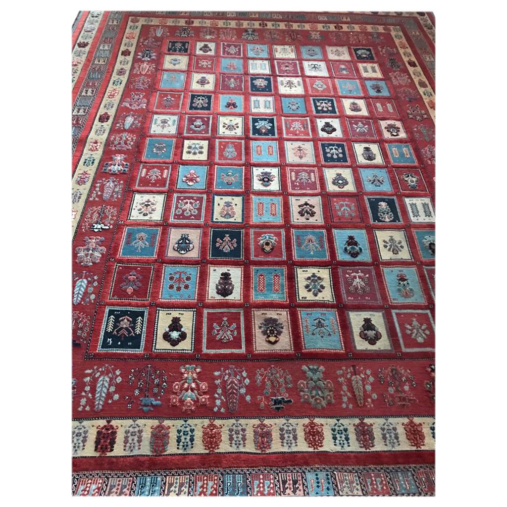 Rare Caucasian Large Carpet in Red Camel Wool Geometrical and Floral Decoration