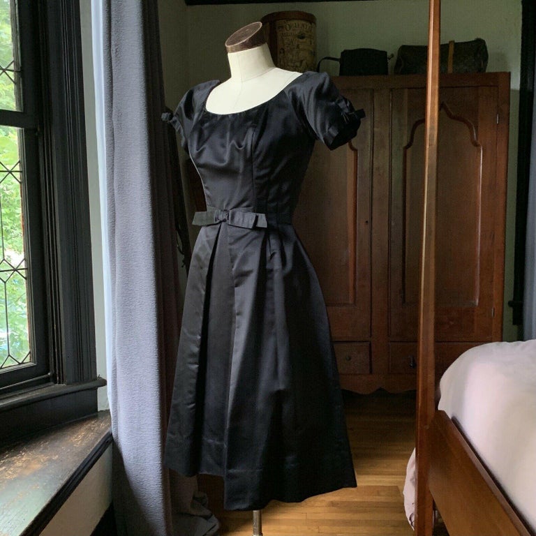 Rare CEIL CHAPMAN 1950s Vintage Black Satin COUTURE Cocktail Dress XS/S