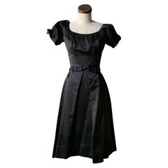 Seltenes CEIL CHAPMAN 1950er Jahre Vintage Schwarzes Satin COUTURE Cocktailkleid XS/S