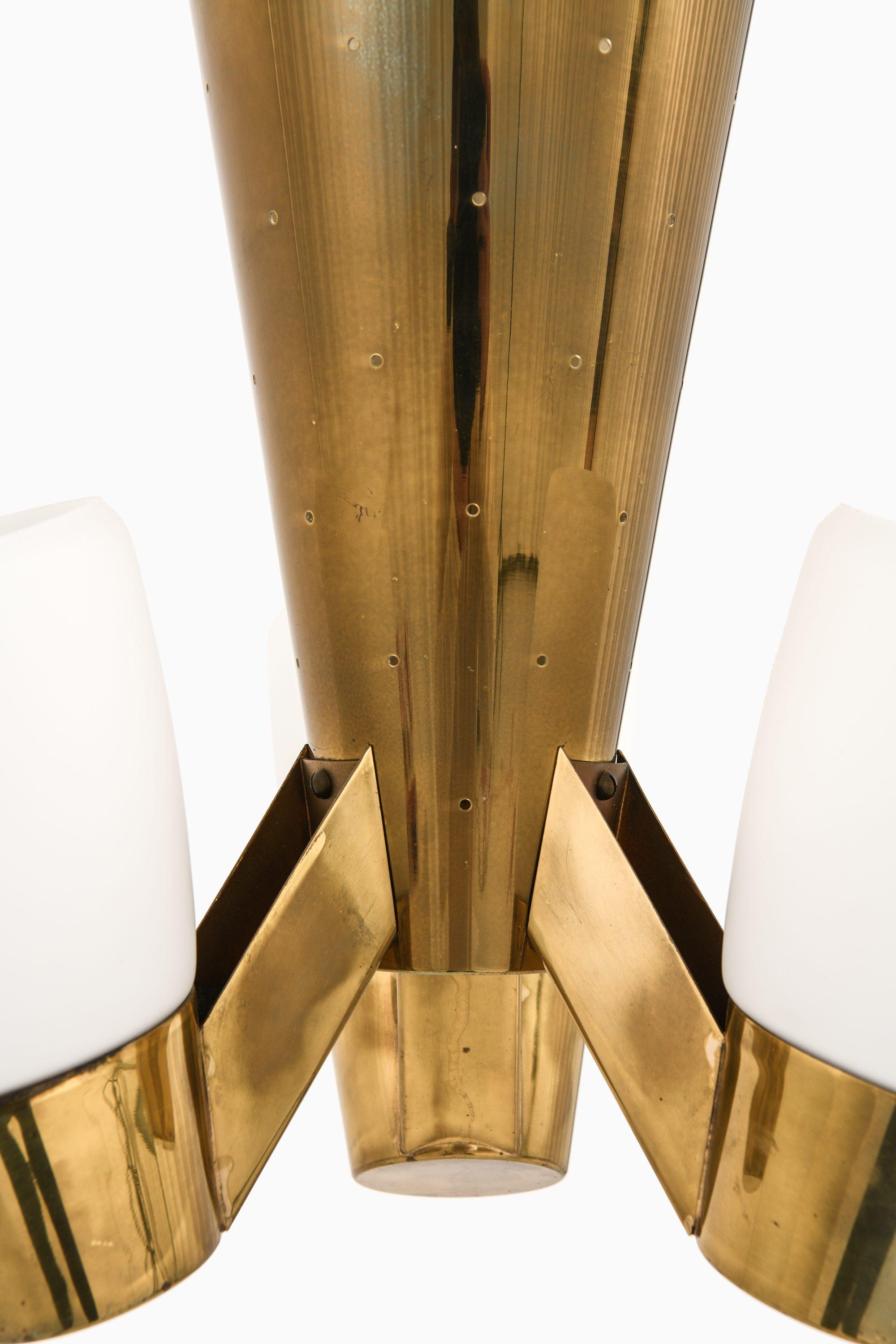 Scandinavian Modern Rare Ceiling Lamp in Brass and Opaline Glass, 1950's For Sale