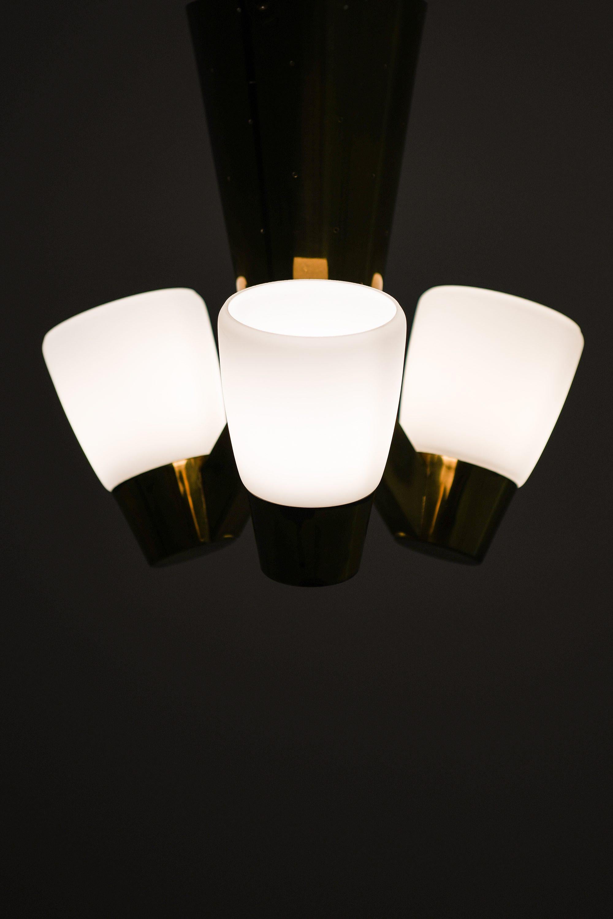 Finnish Rare Ceiling Lamp in Brass and Opaline Glass, 1950's For Sale