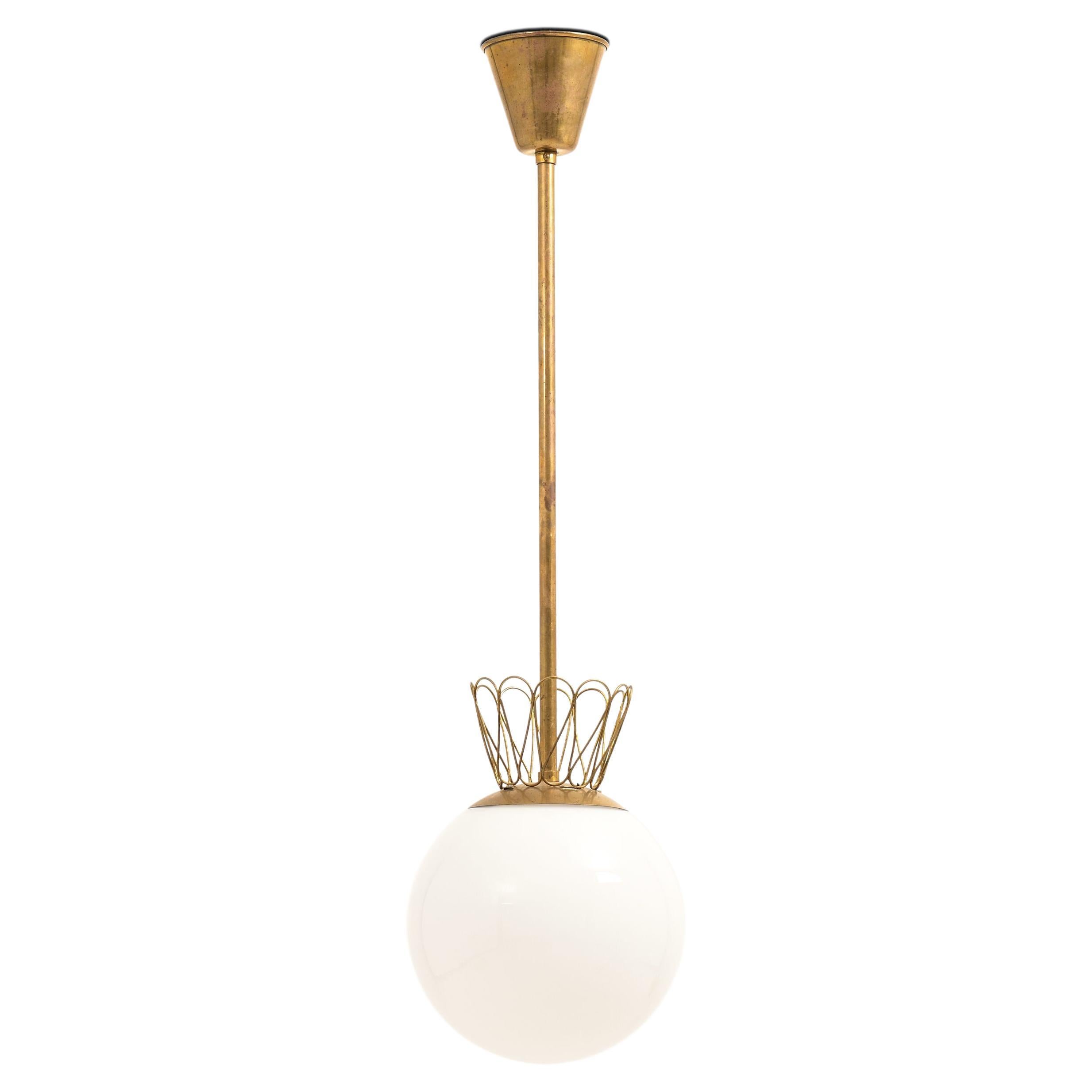 Rare Ceiling Lamp in Brass and White Opaline Glass, 1950's