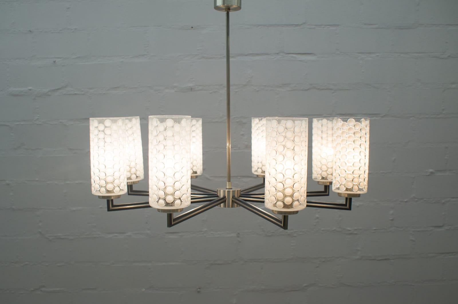 Rare Ceiling Lamp with 8 Bubbled Glass Shades, Kaiser Leuchten Germany, 1960s In Good Condition For Sale In Nürnberg, Bayern