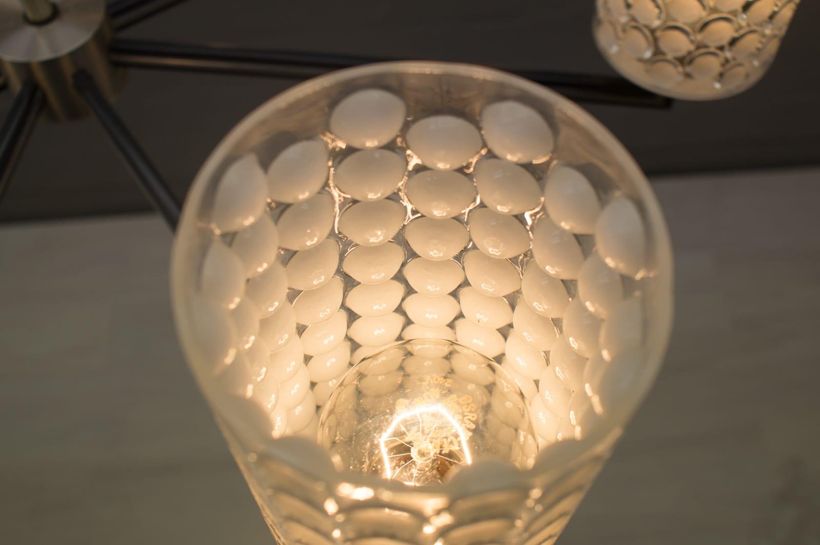 Rare Ceiling Lamp with 8 Bubbled Glass Shades, Kaiser Leuchten Germany, 1960s For Sale 2