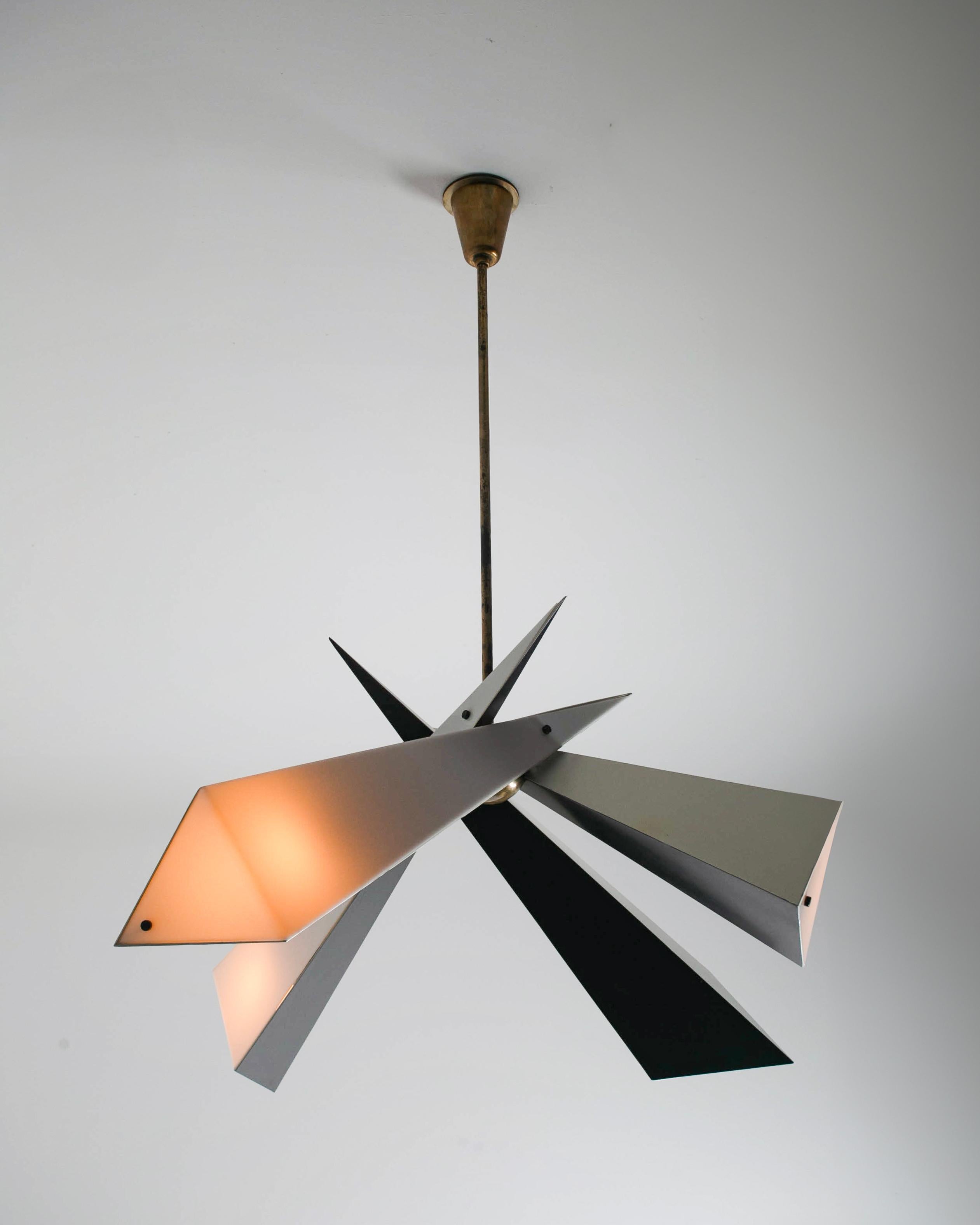 Ceiling Light by Angelo Lelii for Arredoluce. Designed and manufactured in Italy, circa the late 1950s. An off-shoot of the models 12739, 12772 in a series by Lelii and Arredoluce. This visually striking chandelier consists of four cross-sectioned