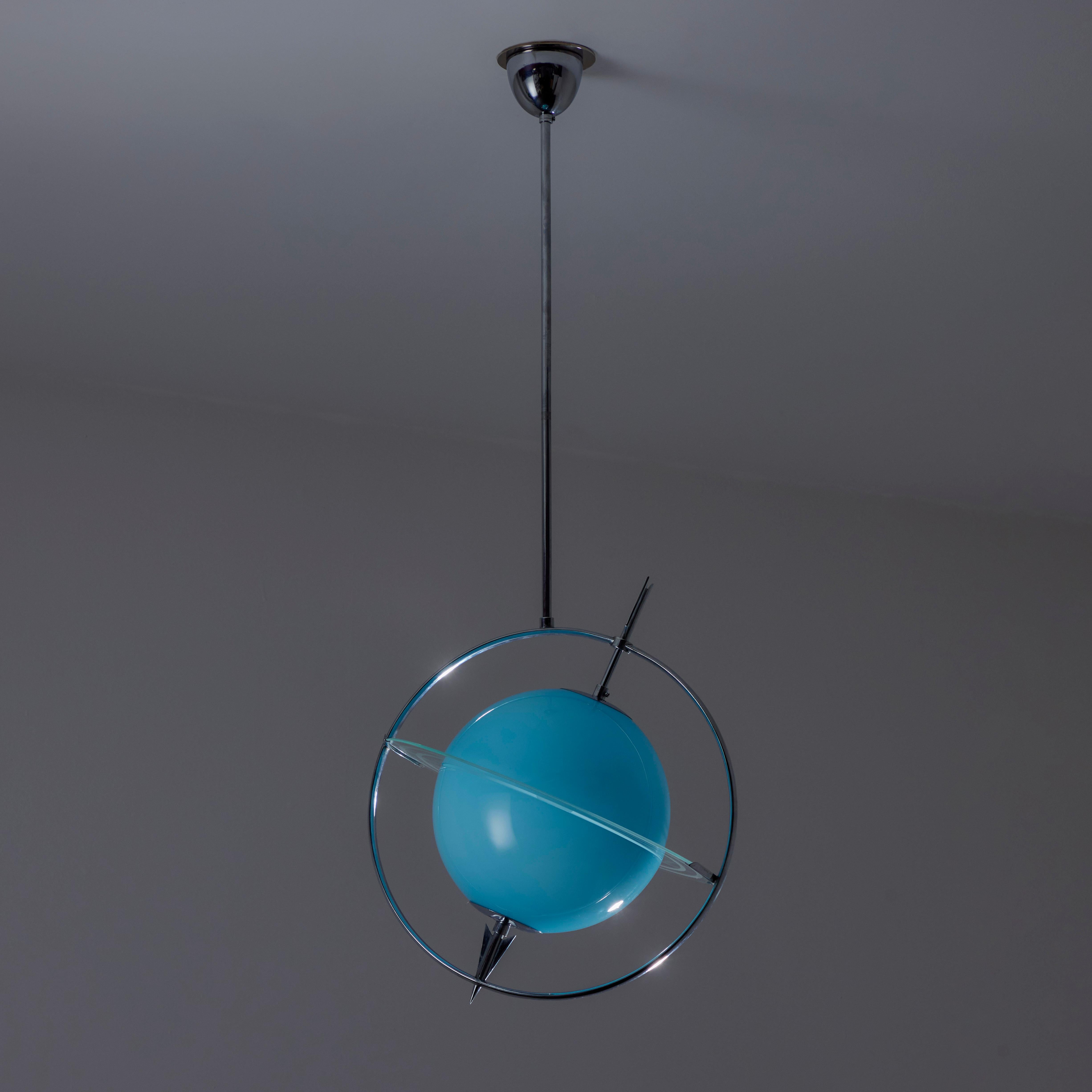 Rare Ceiling Light by Gio Ponti and Pietro Chiesa for Fontana Arte. Designed and manufactured in Italy, circa the 1930s. Unique sculptural 'Saturn' ceiling light, with an illustrative metal frame depicting an arrow piercing a blue glass with a