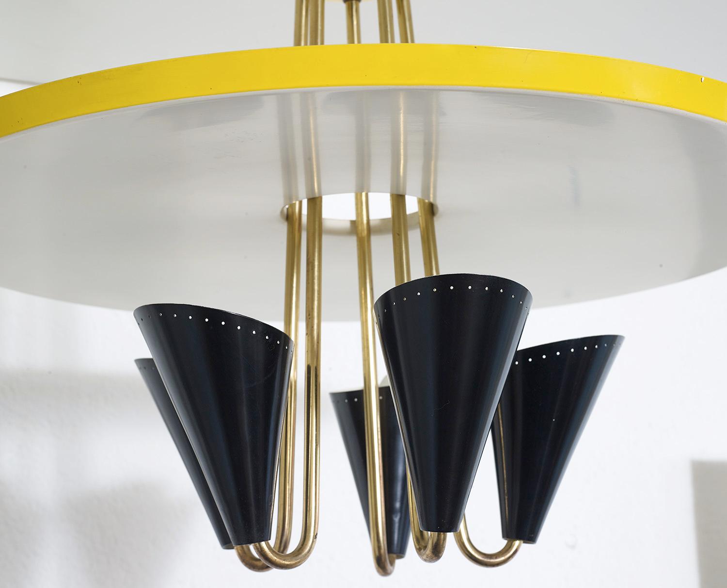 Ceiling light in lacquered metal and brass, BAG Turgi, Switzerland, 1950. 

BAG Turgi was a Swiss lighting manufacturer who produced among others also lamps under license for Stilnovo and even Arteluce. BAG Turgi was one of the most innovative