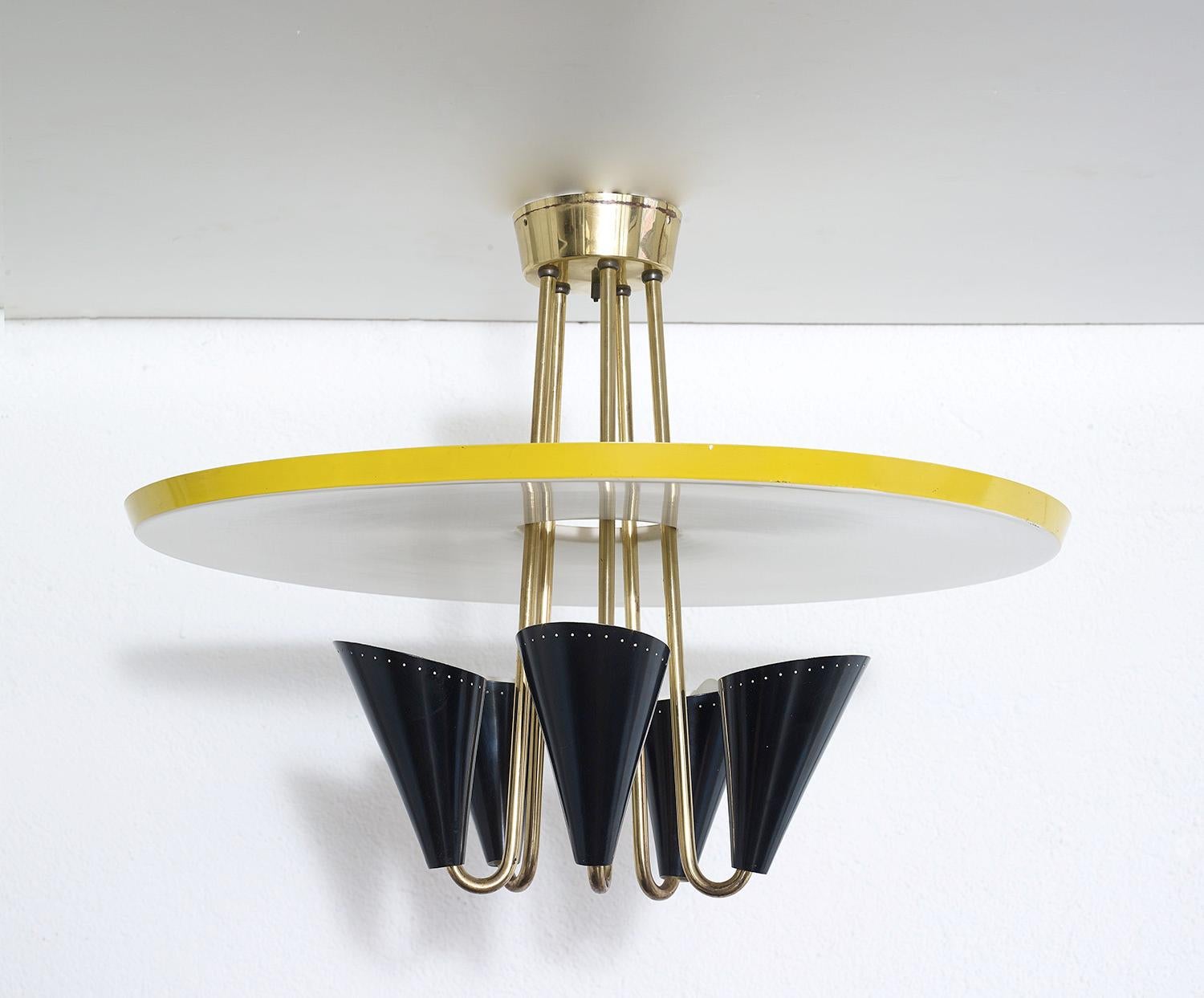 Enameled Ceiling Light in Lacquered Metal and Brass, BAG Turgi, Switzerland, 1950