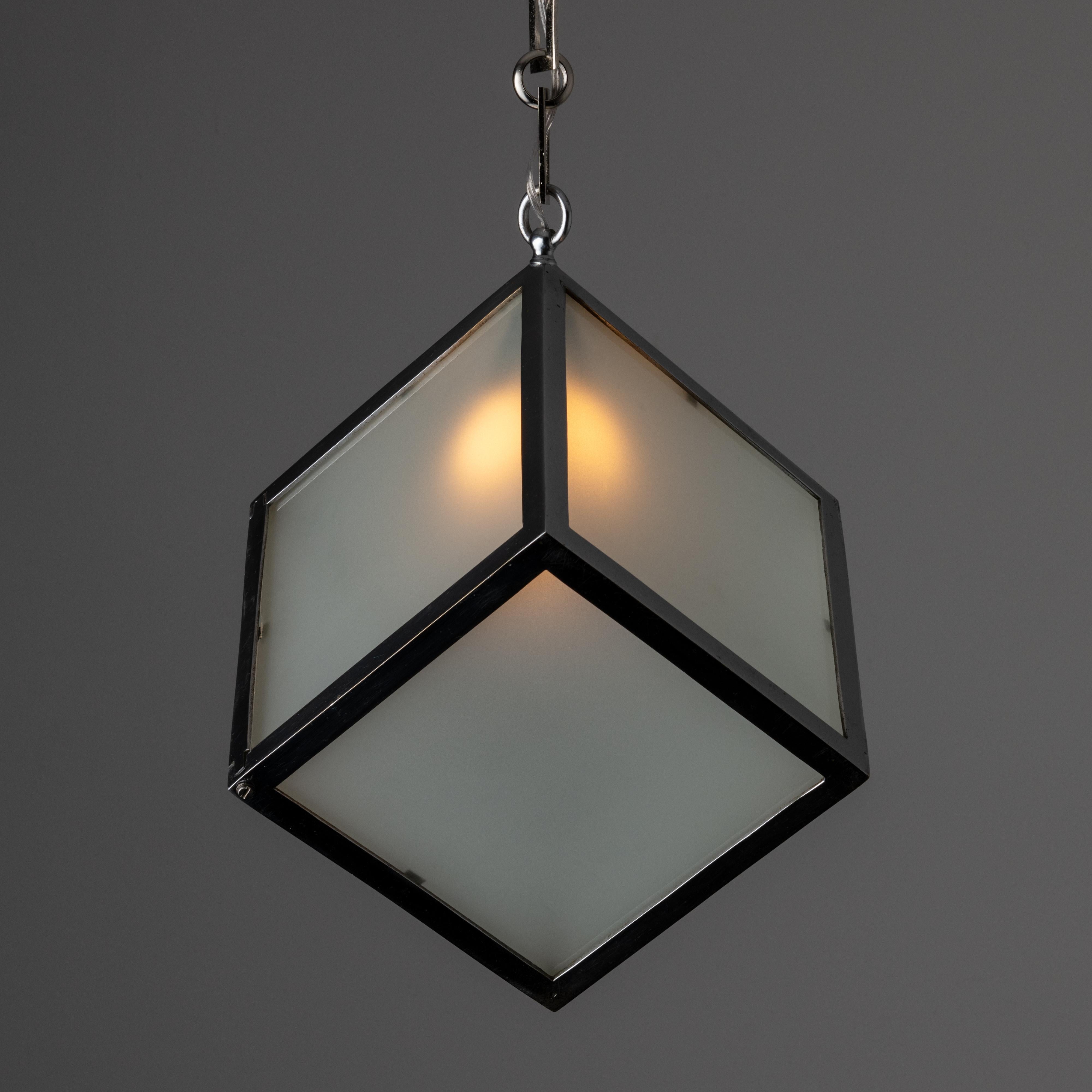 Ceiling Pendant by Jean Damon. Designed and manufactured in France, circa the 1930s. Geometric cube pendant comprising of a chrome frame with etched glass paneling. This lamp holds a single E14 socket, adapted for the US. We recommend a single 40w