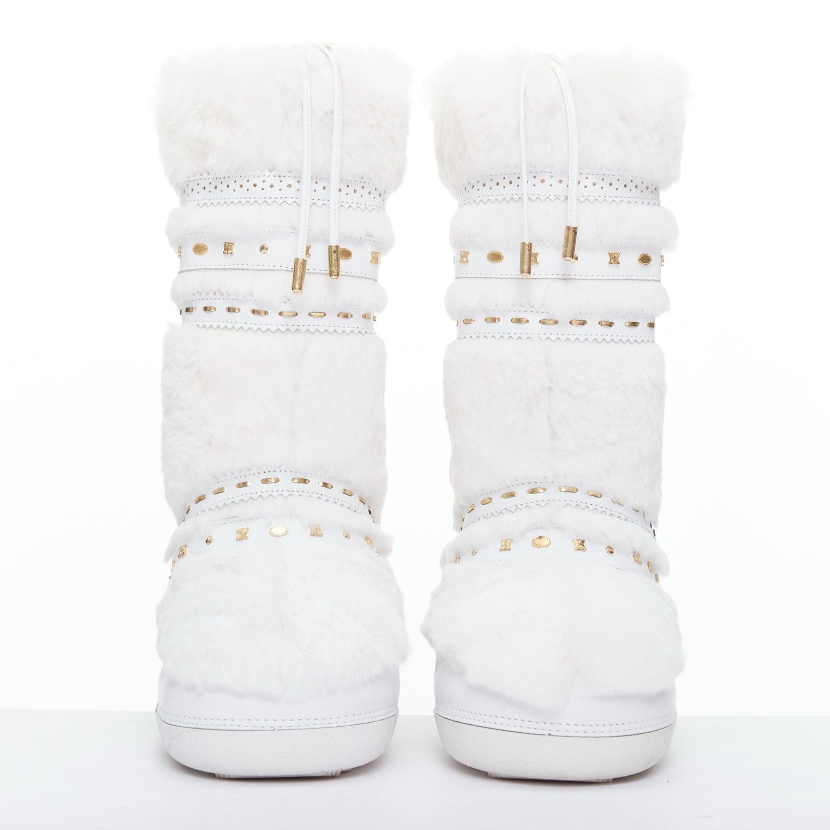 Gray rare CELINE Macadam white gold logo faux fur Triomphe snow boots EU38-40 For Sale