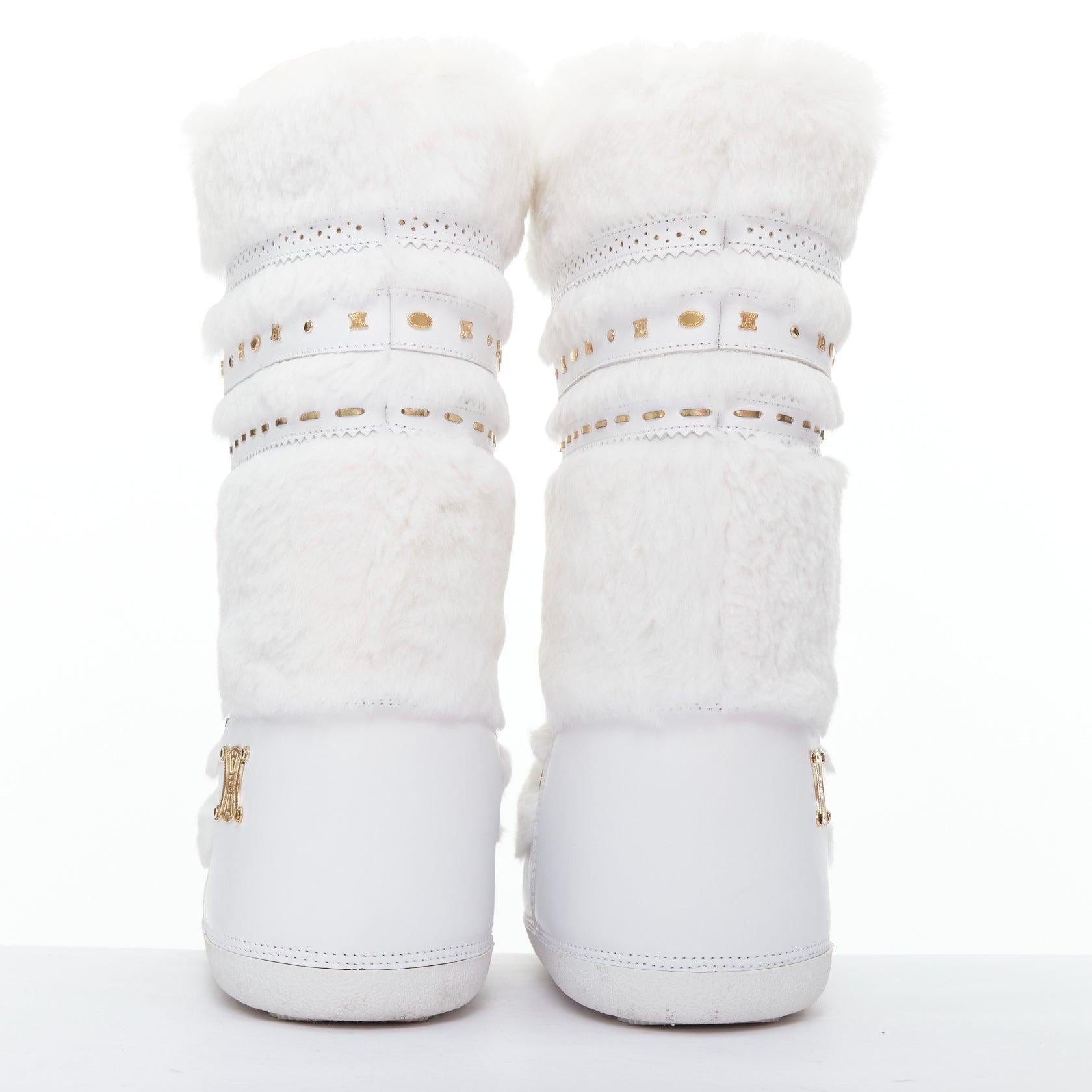 Women's rare CELINE Macadam white gold logo faux fur Triomphe snow boots EU38-40 For Sale