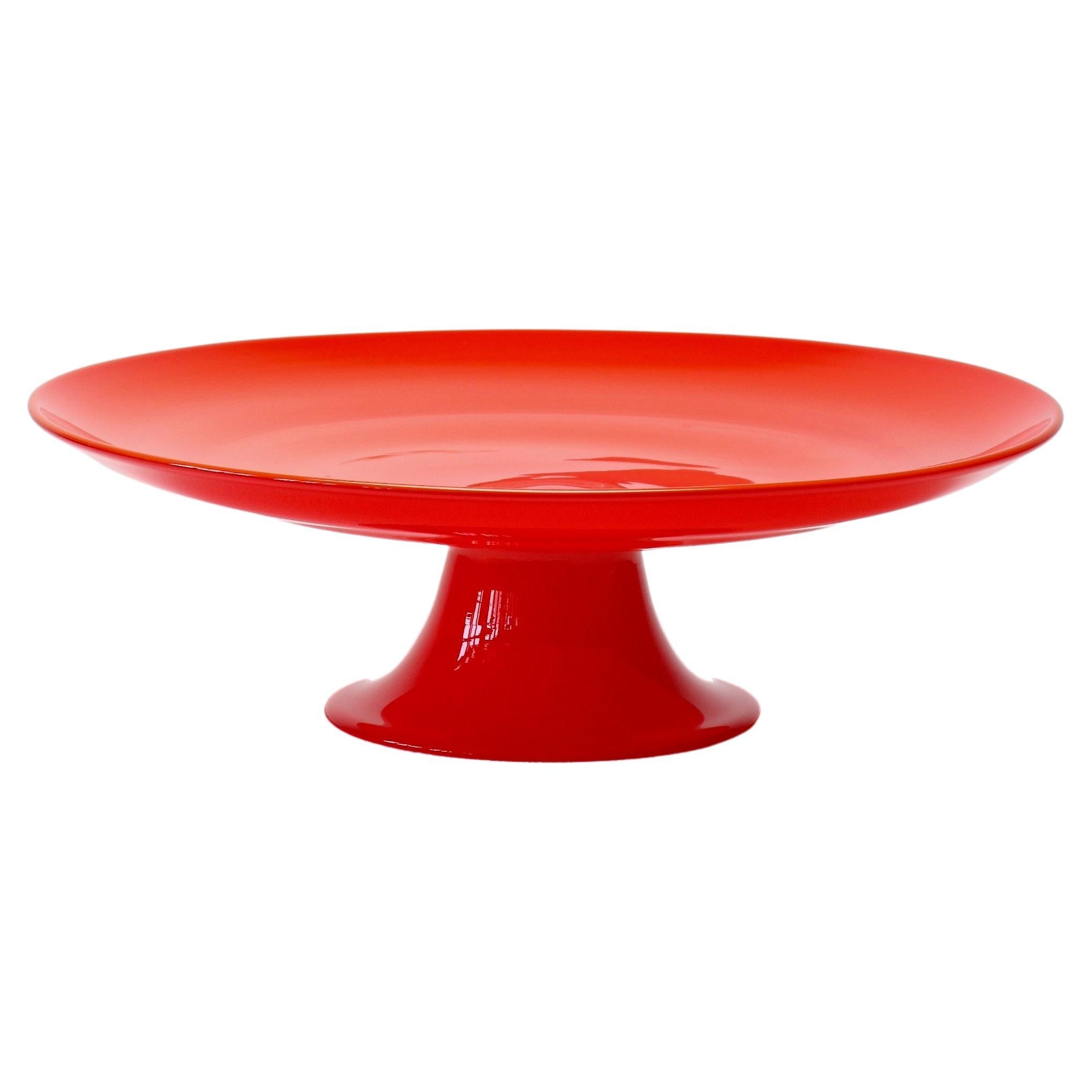 Rare Cenedese Vintage Italian Murano Glass Vibrant Red Colored Glass Cake Stand For Sale