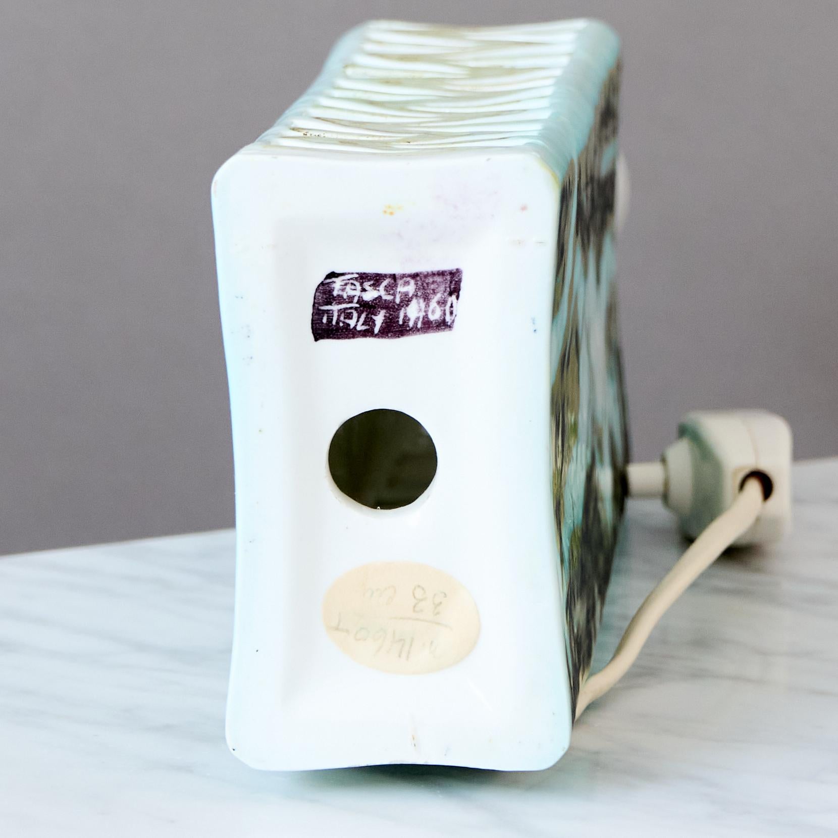 Rare Ceramic Alessio Tasca Table Lamp, Italy, 1960. Green White Fish Raymor For Sale 3