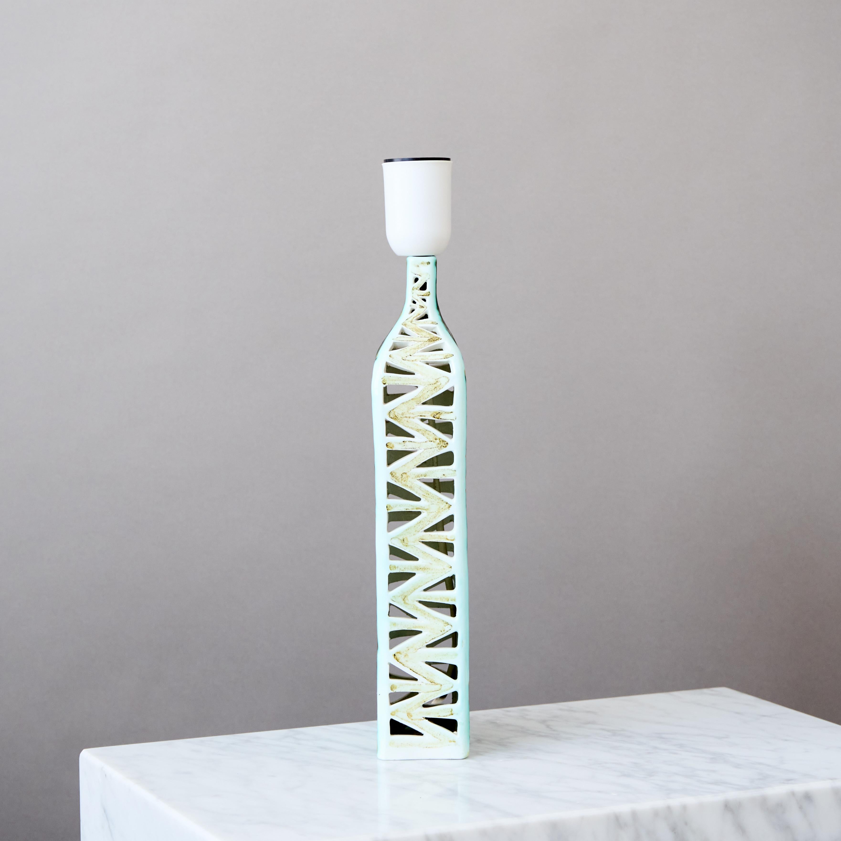 Glazed Rare Ceramic Alessio Tasca Table Lamp, Italy, 1960. Green White Fish Raymor For Sale