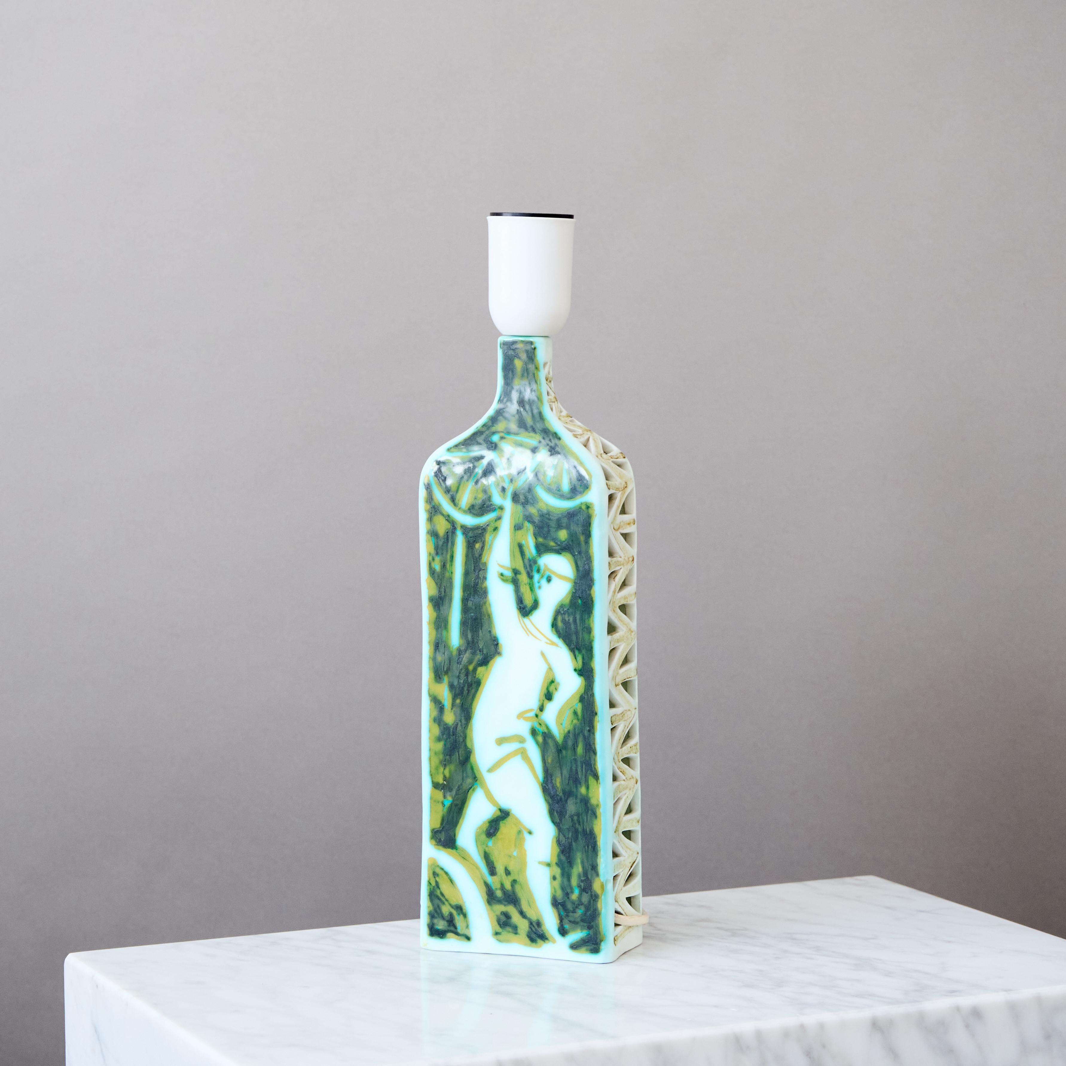 20th Century Rare Ceramic Alessio Tasca Table Lamp, Italy, 1960. Green White Fish Raymor For Sale